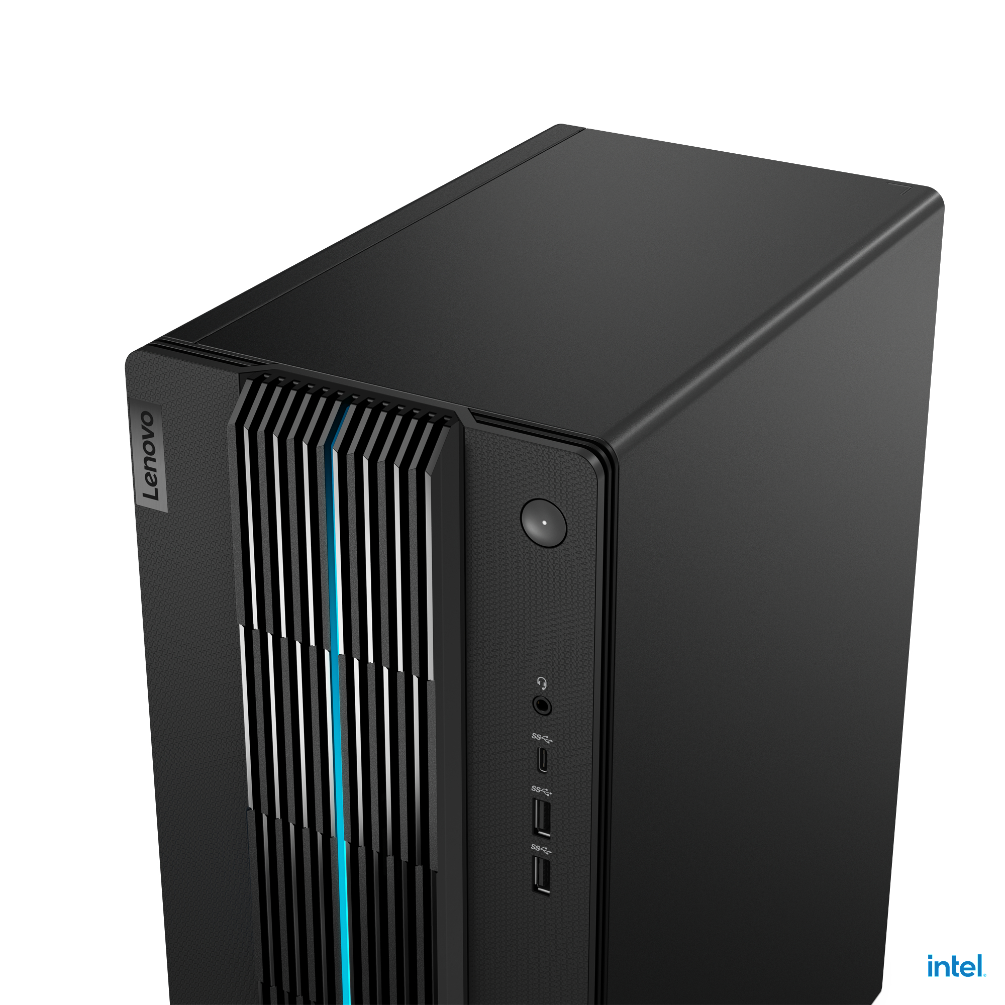 Schwarzer Lenovo-Desktop-Computer, Nahaufnahme der Frontplatte und Oberseite.
