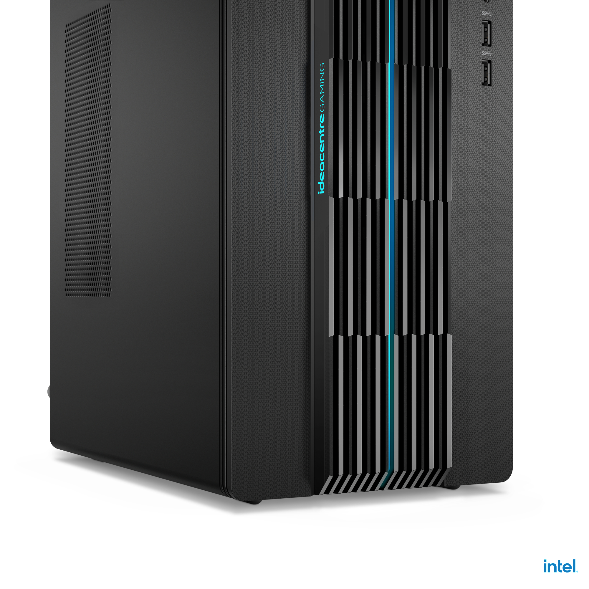 Schwarzer Ideacentre Gaming-PC auf Weiß. Blaue Akzentlinie vorne.