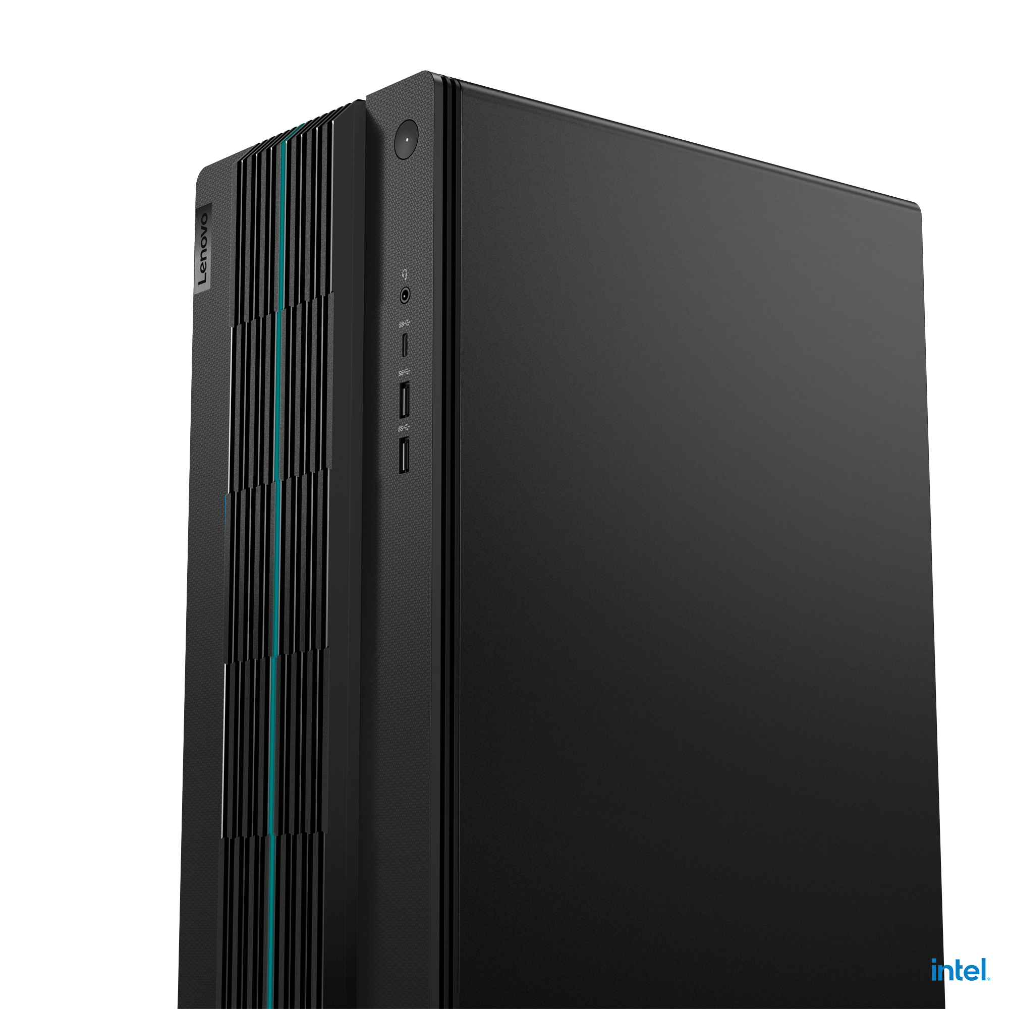 Schwarzer Desktop-Computer-Tower mit Lenovo-Logo und Intel-Branding, mit blauen Akzenten.