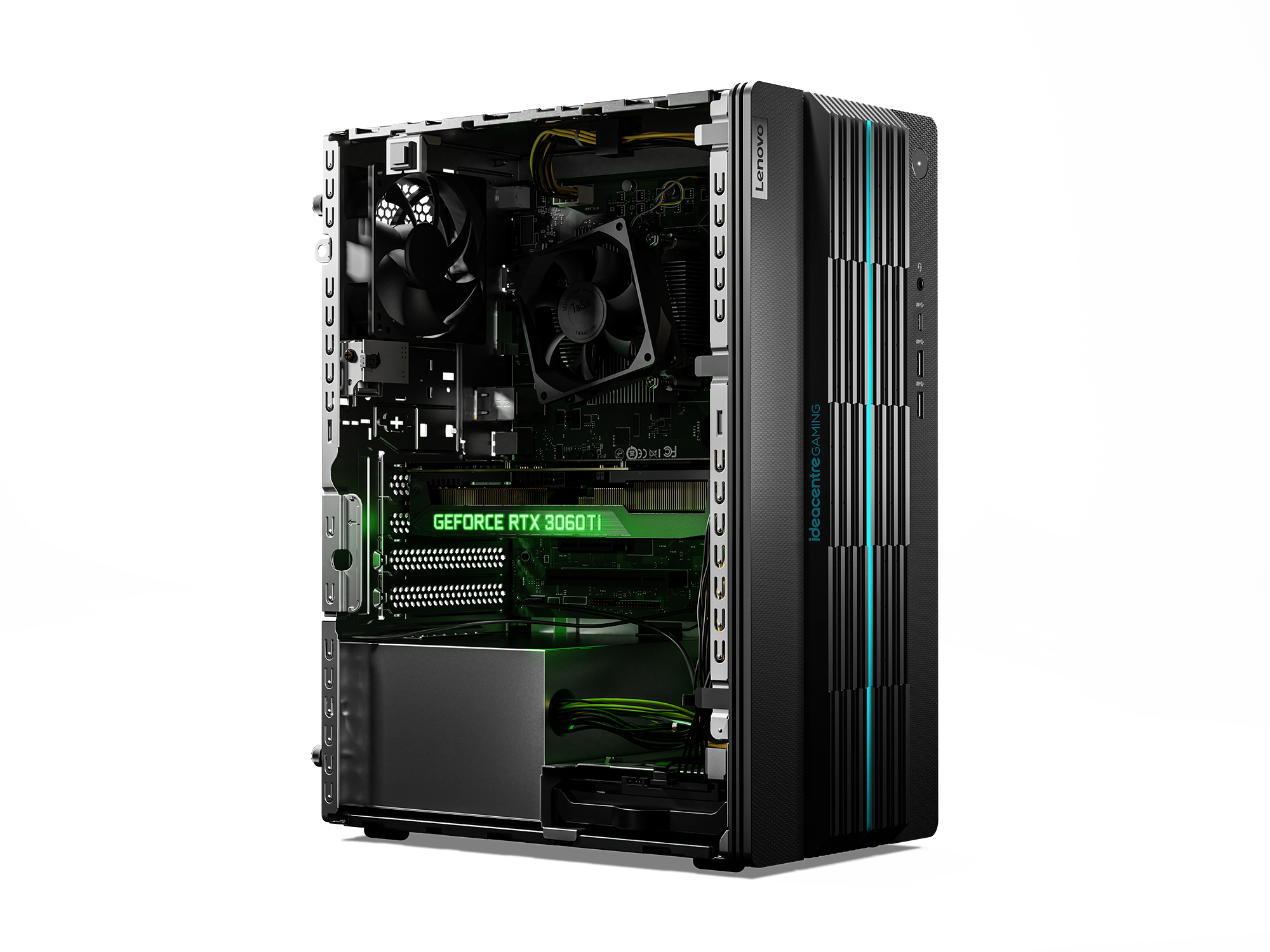 Ein Gaming-PC-Gehäuse mit sichtbaren Komponenten im Inneren und grünen Lichtern.