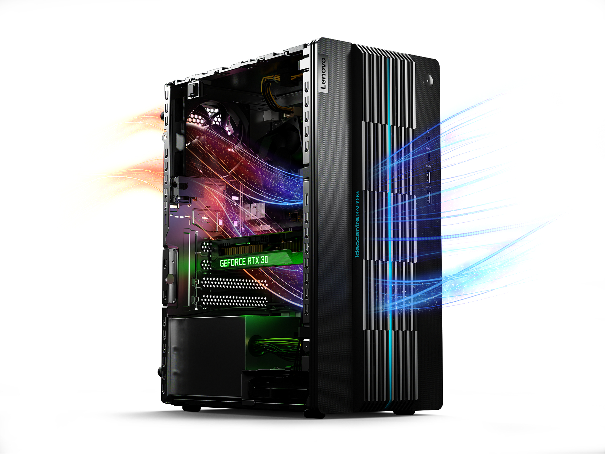 Ein Computer-Tower mit sichtbaren Komponenten, mit blauen und roten Lichteffekten.