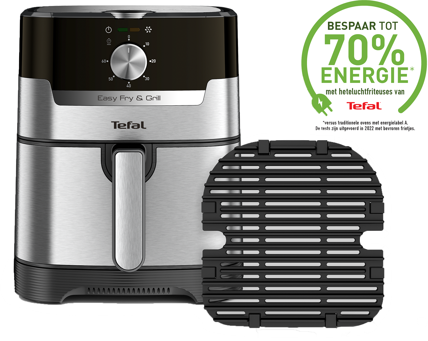 Tefal Easy Fry & Grill. Silver and black air fryer with a grill plate in front.