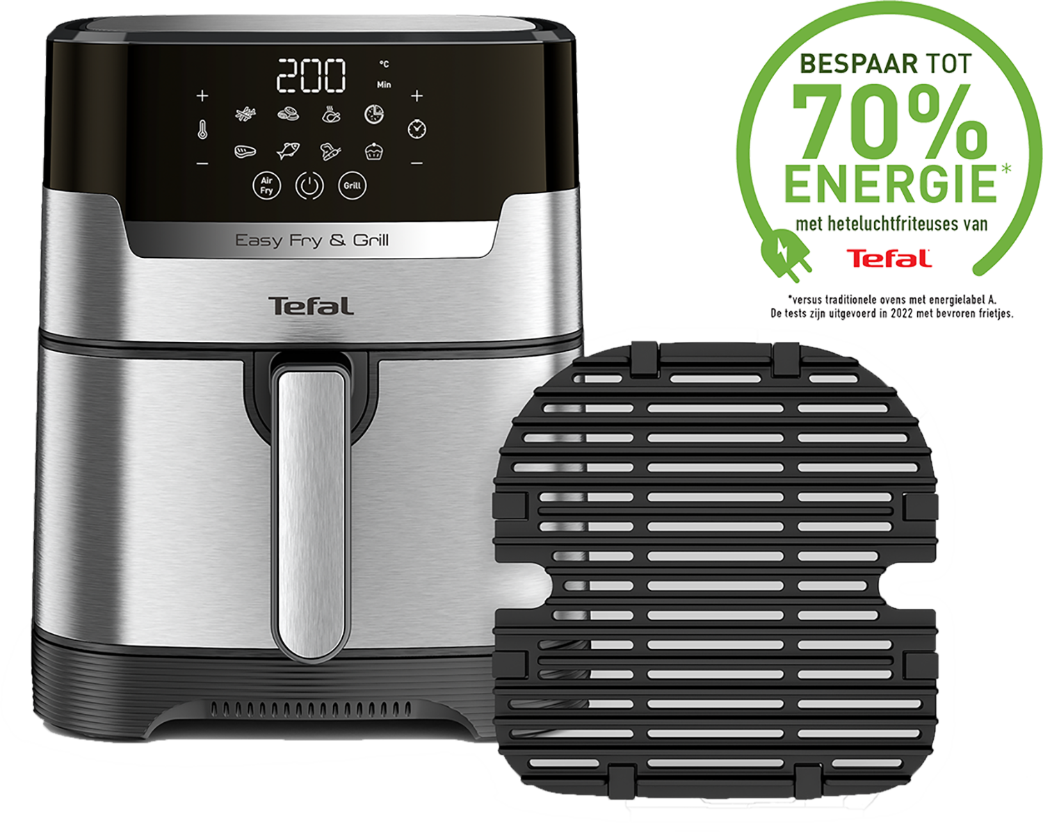Silver and black air fryer with a grill basket. Text on the side.