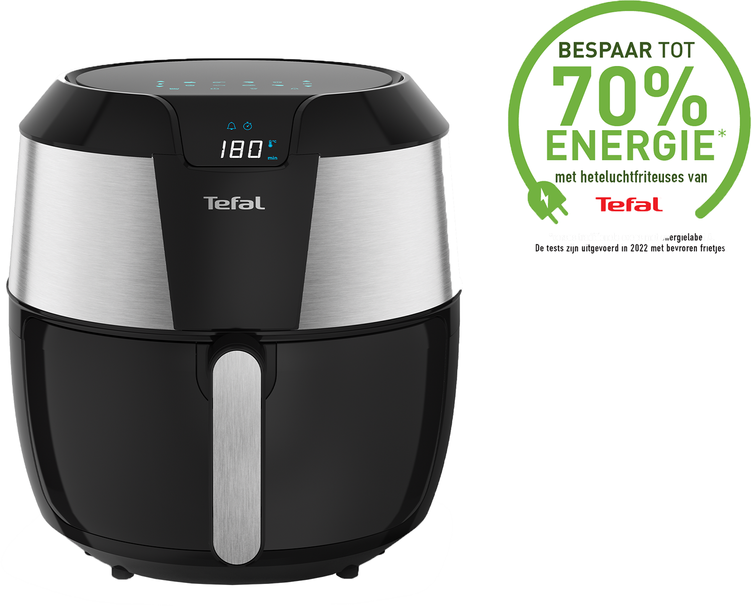 Black and silver air fryer with digital display. Isolated on white.