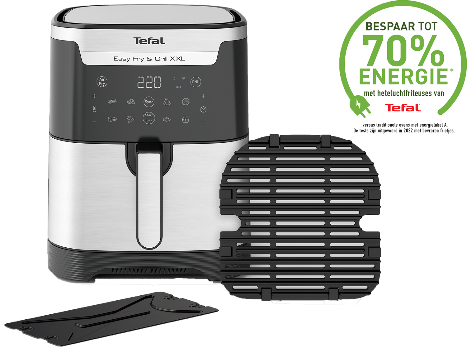 Black and silver Tefal air fryer with accessories.