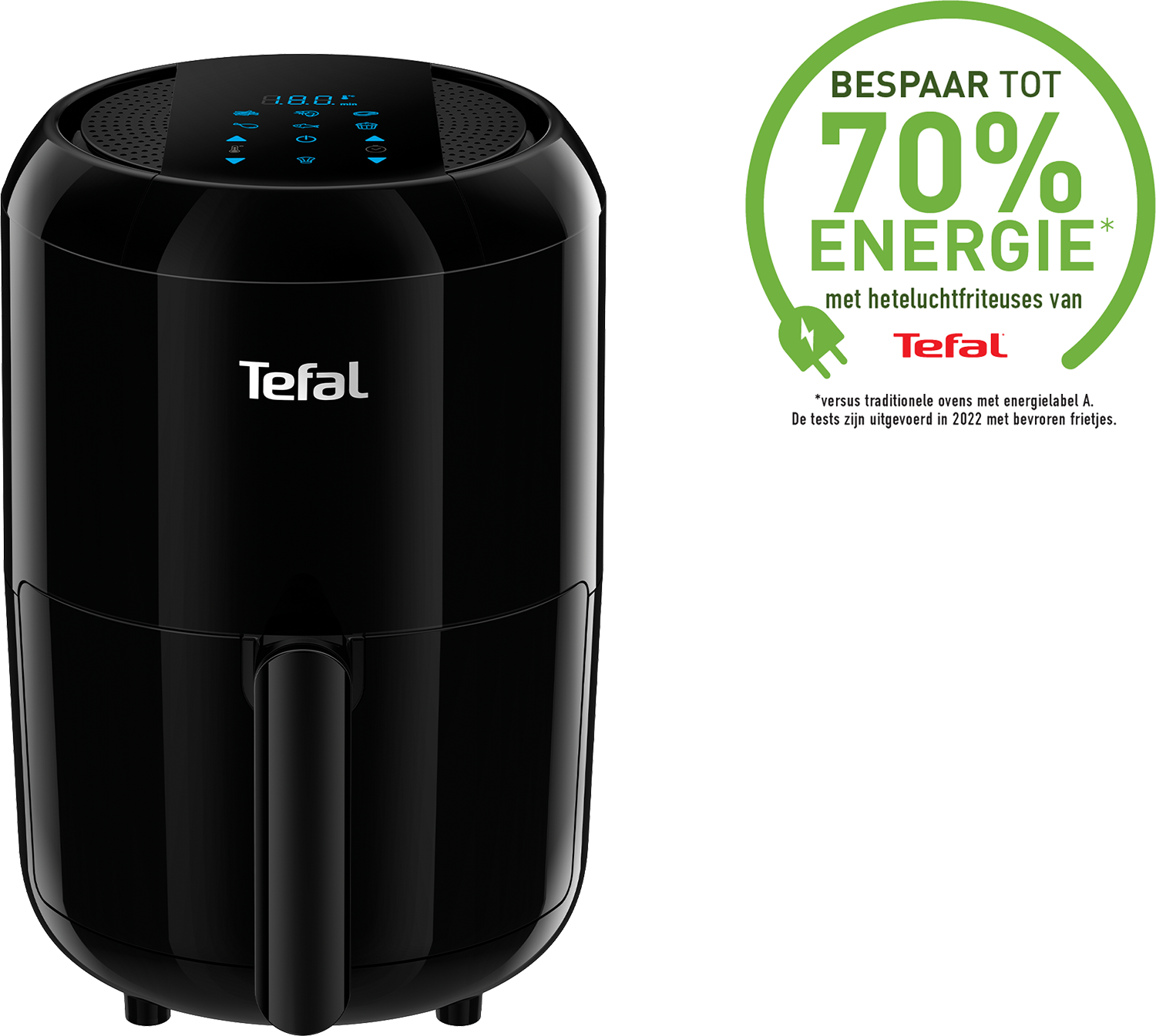 Black Tefal air fryer with digital display. Energy saving graphic shown, text in Dutch.