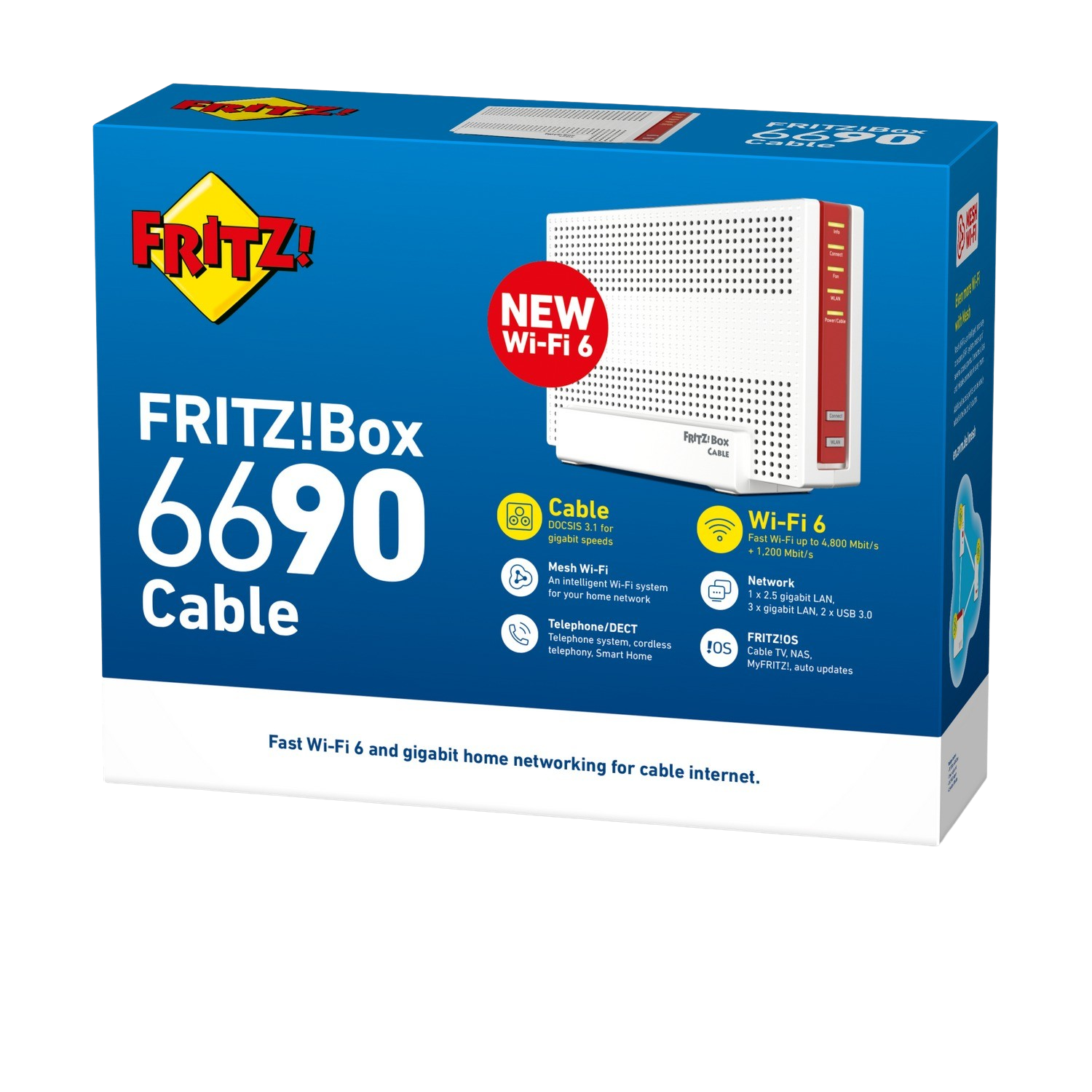 A box for a Wi-Fi 6 cable router, with text and images illustrating its features.