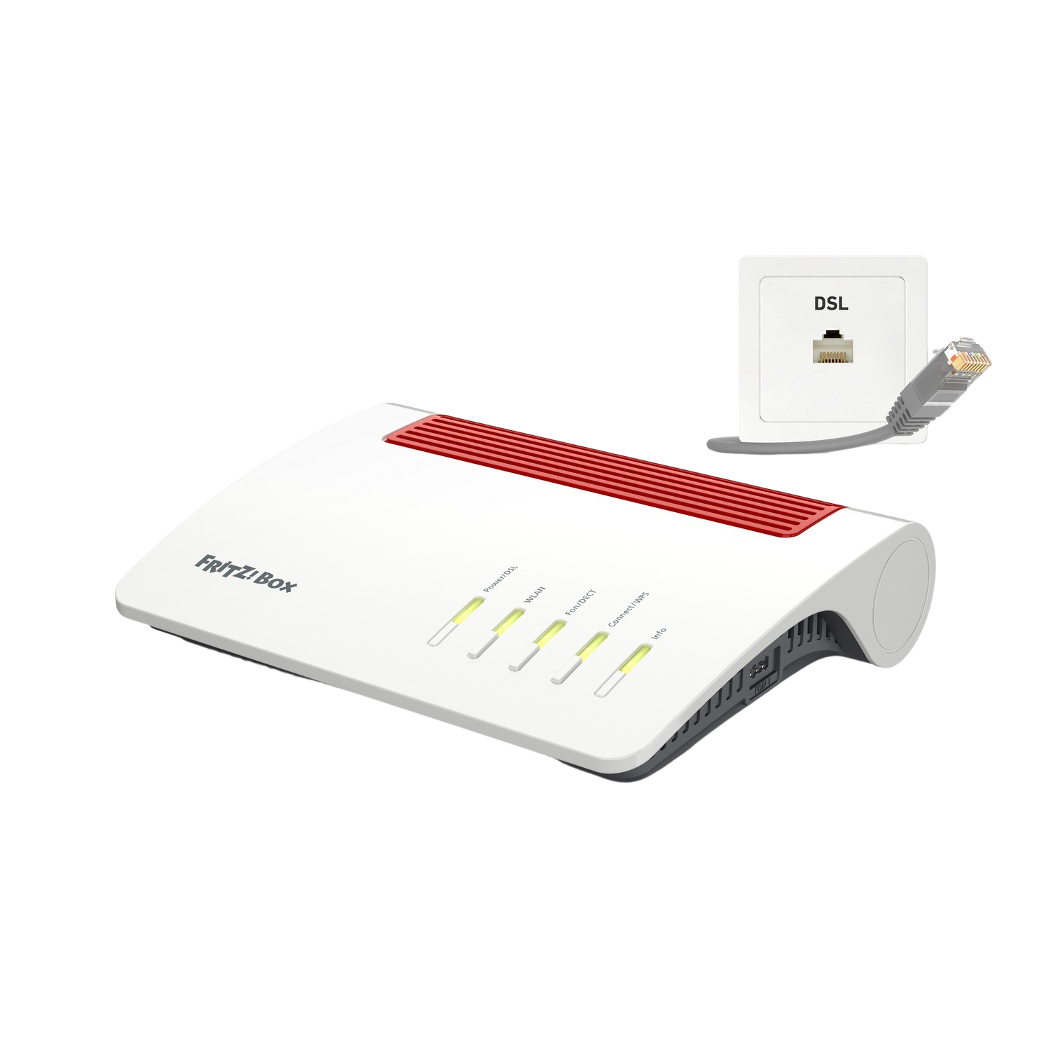 White and red router with a DSL cable and a wall outlet.  White background.