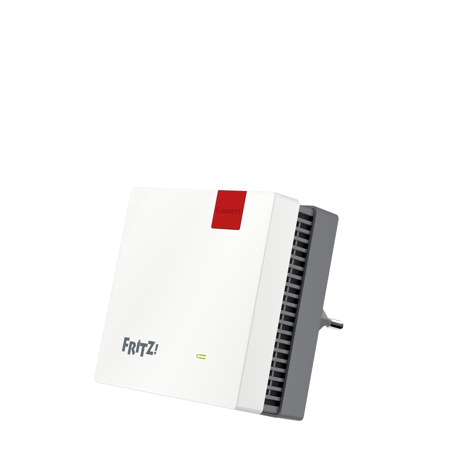 Een witte en grijze router met het woord 'Fritz!' en een rode 'connect'-knop.
