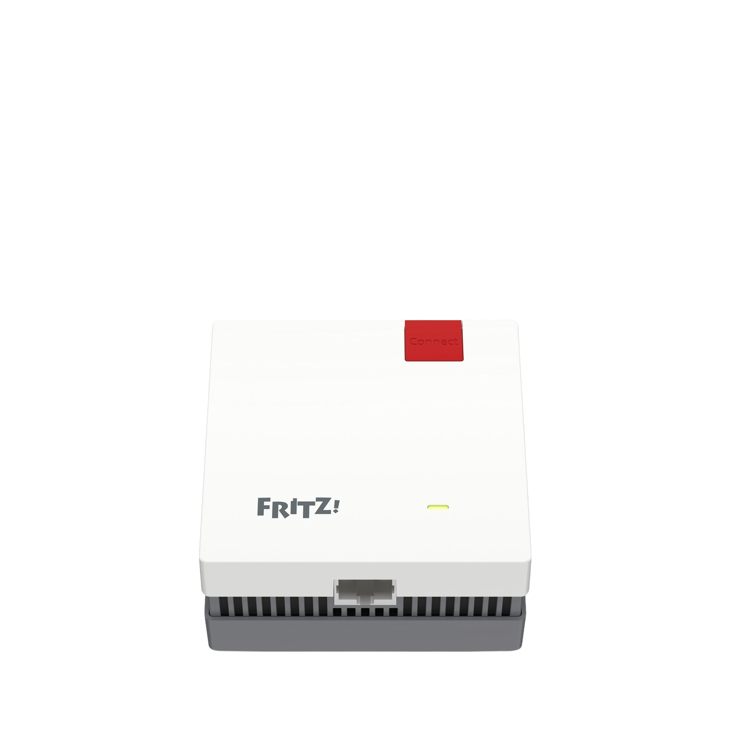 Een witte en grijze router met een rode connector en een groen indicatielampje.