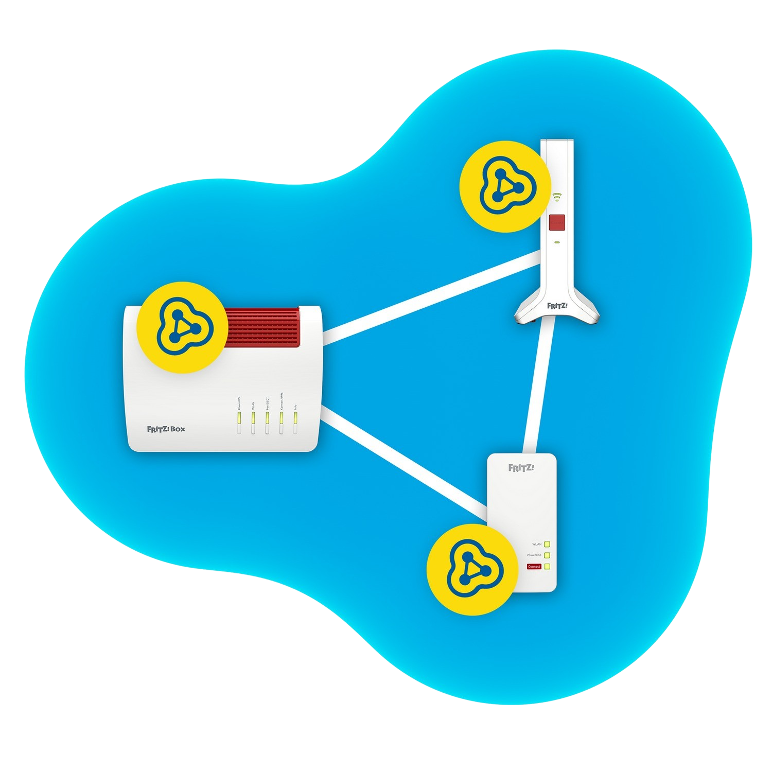 Diagram van een netwerkopstelling met modem, router en extender. Blauwe achtergrond.