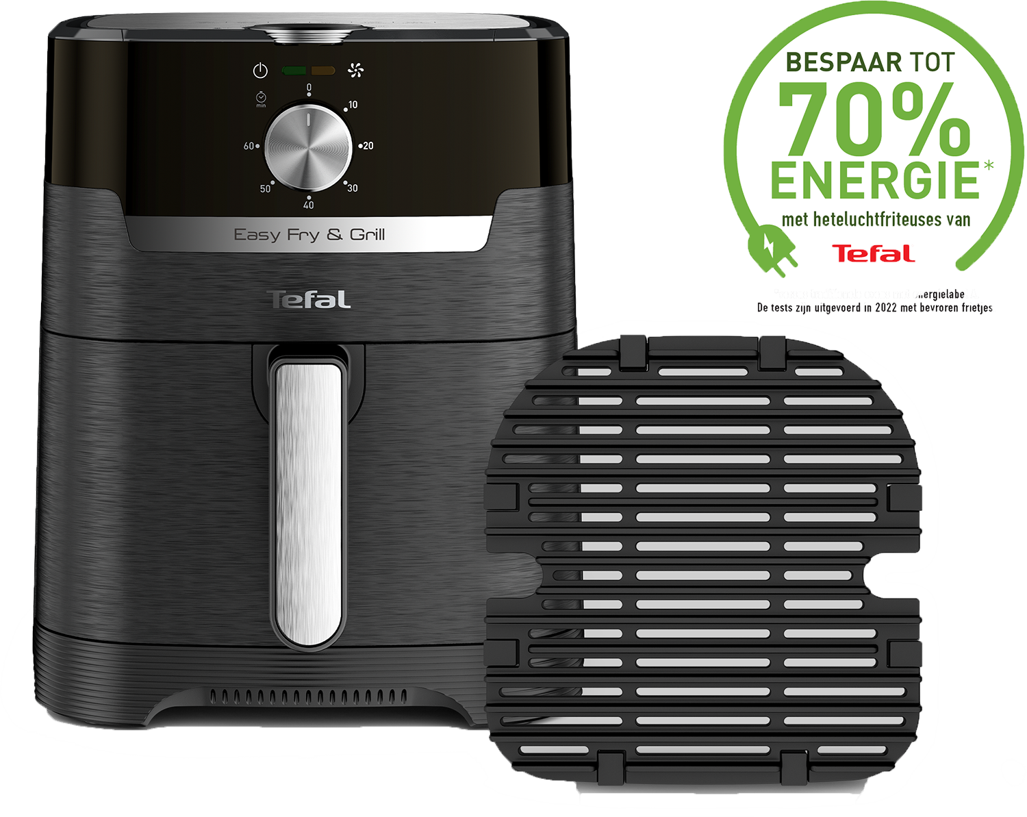 Zwarte airfryer met een grillinzet, met een digitaal display en bedieningspaneel.