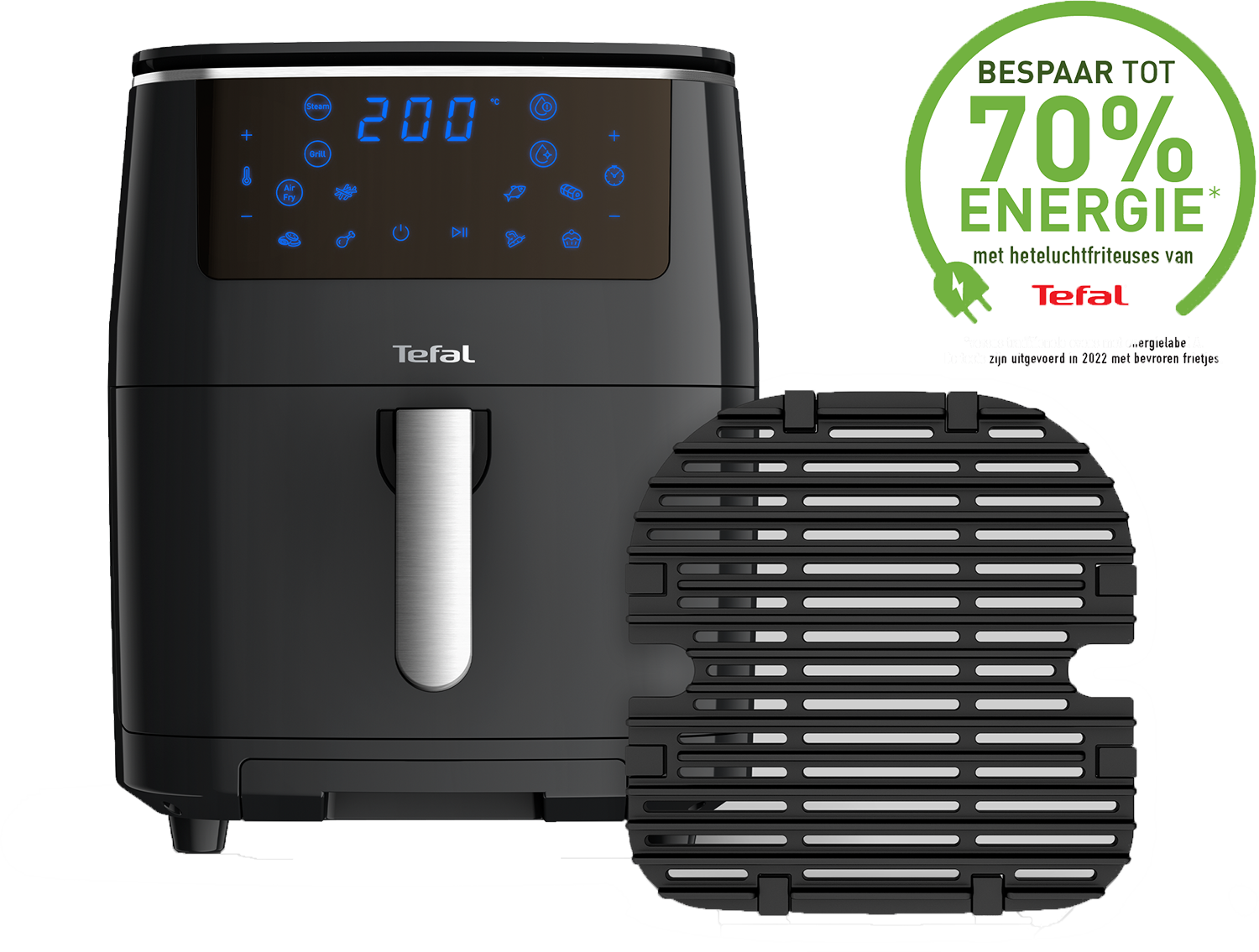 Zwarte Tefal airfryer met digitaal display 200°C. Ronde grill en energiebesparend logo rechts.