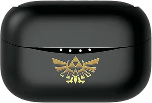 Fekete töltőtok arany Zelda logóval, felül négy fehér fénnyel.