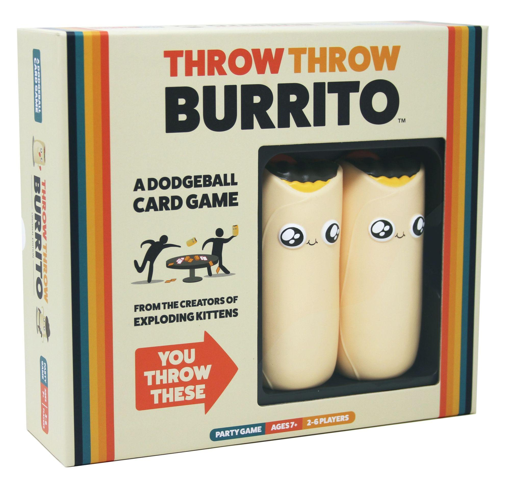 Doos voor 'Throw Throw Burrito' kaartspel met burrito's. De achtergrond is wit.