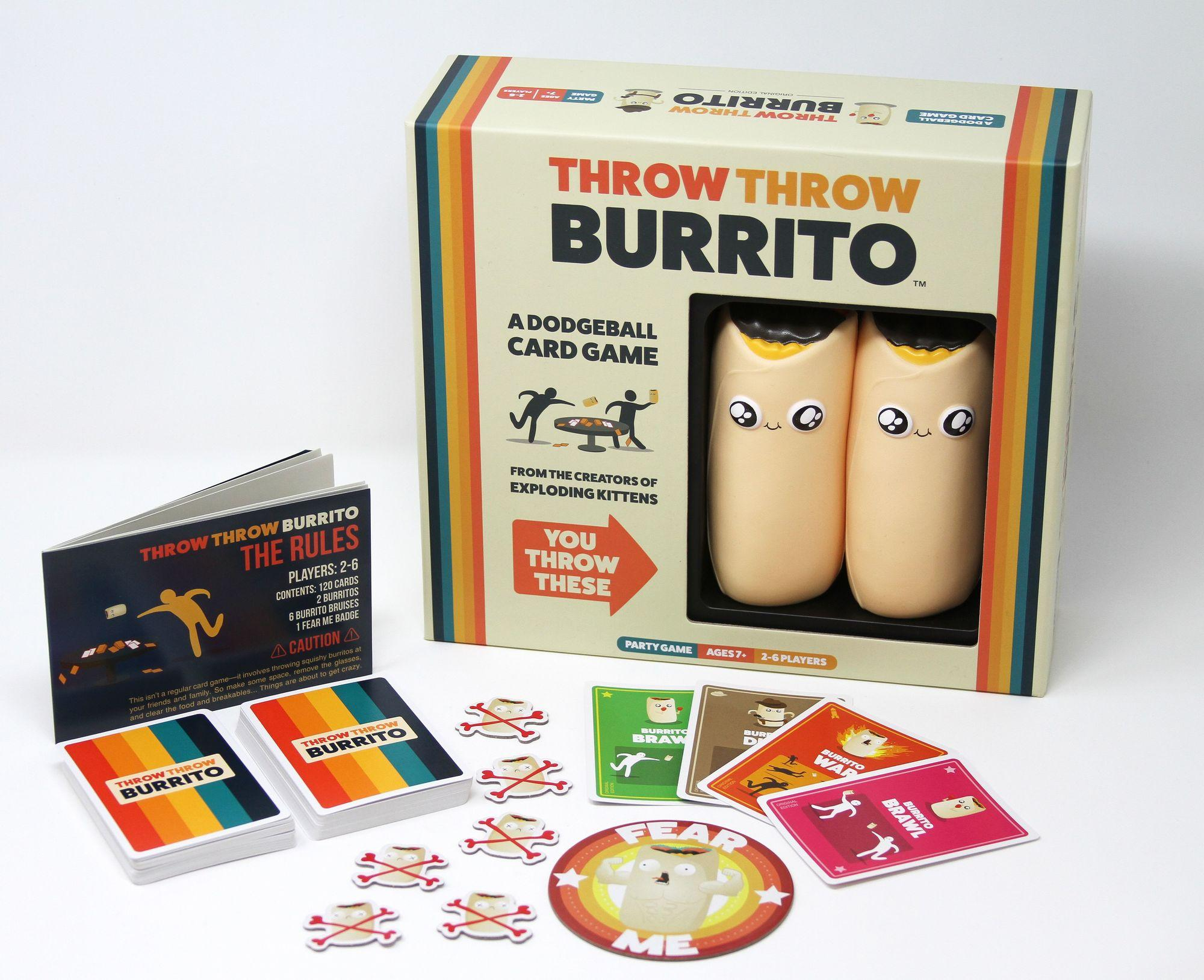 Een kaartspel in een doos 'Throw Throw Burrito' met kaarten, figuren en een regelboek.
