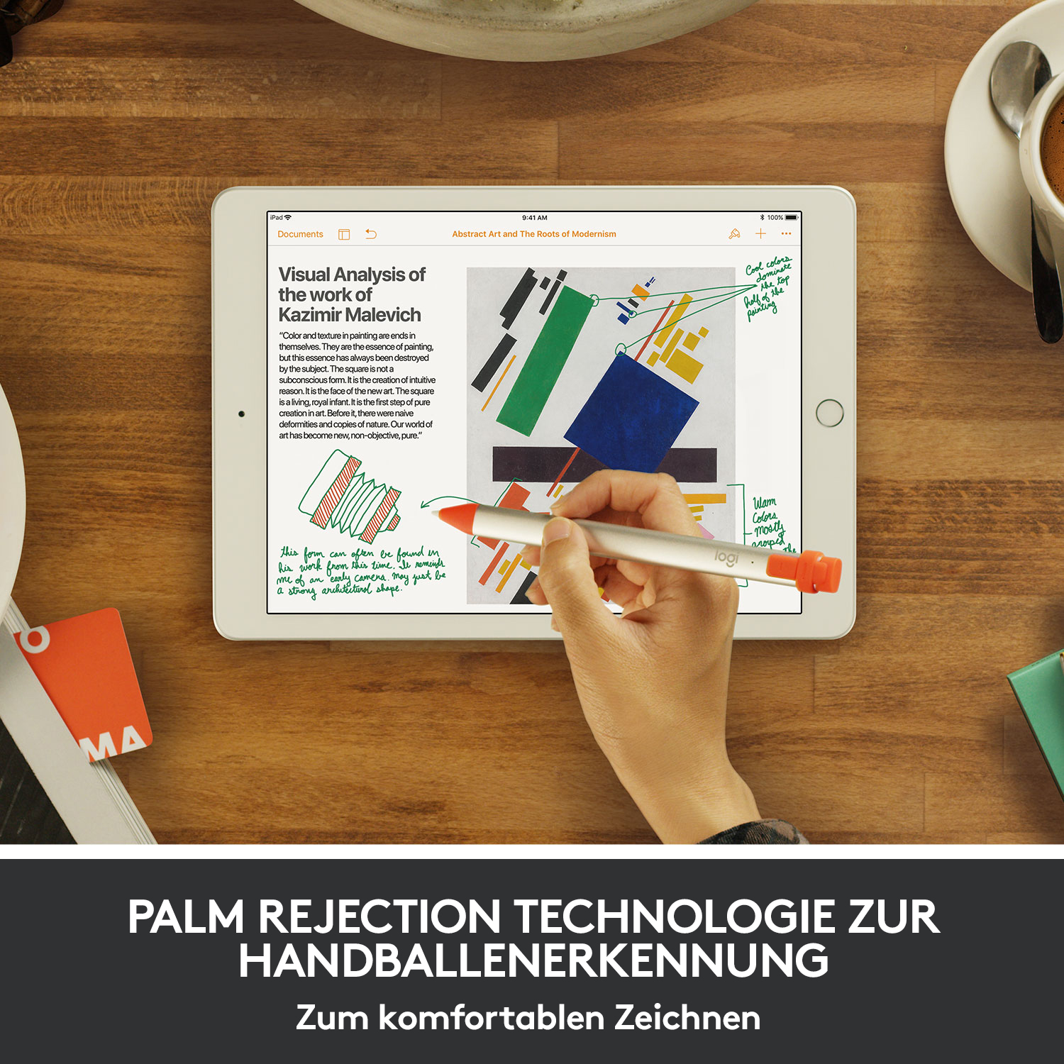 Person verwendet einen Stift auf einem Tablet, Notizen und Zeichnungen sichtbar. Text: Palm rejection.