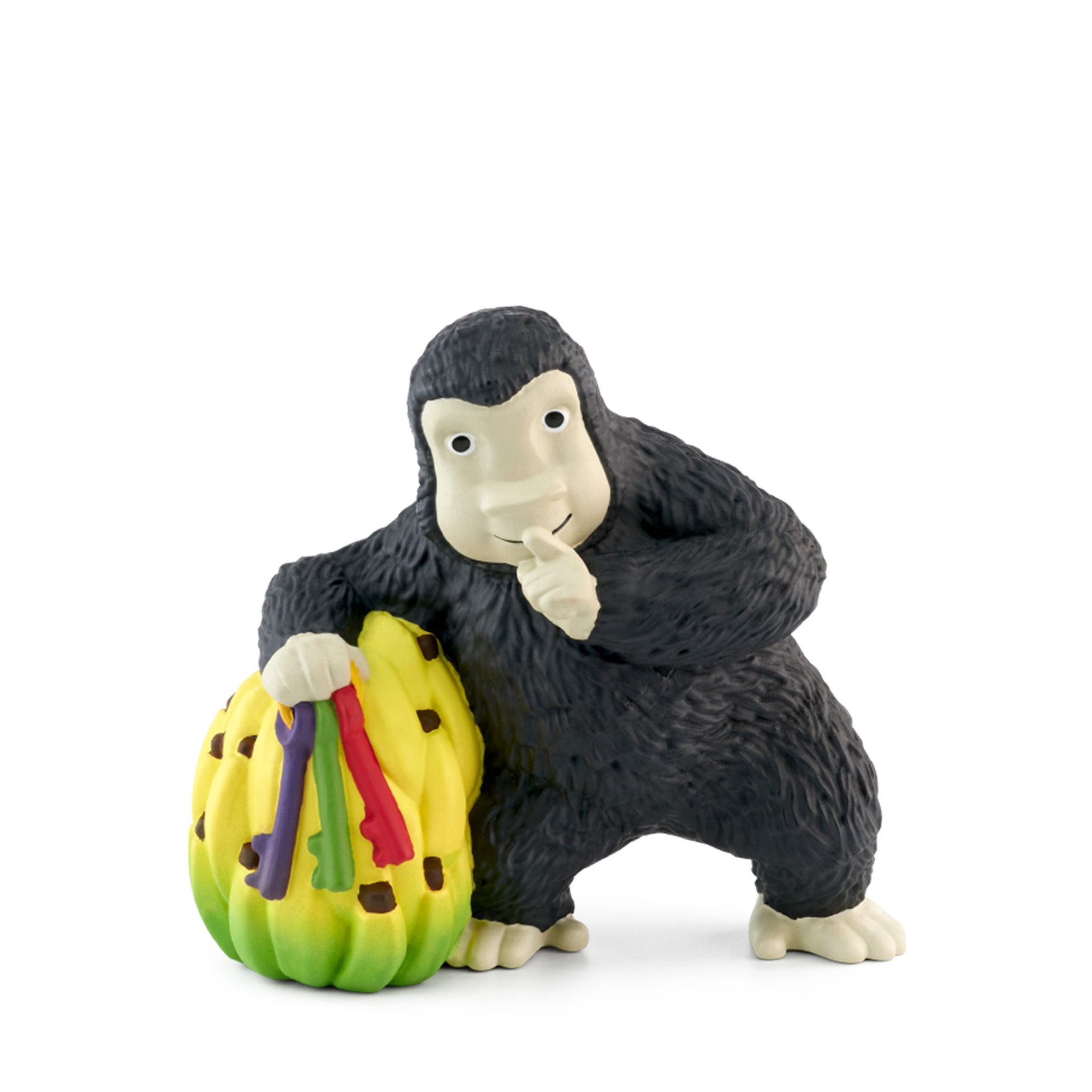 Cartoon-Gorilla, der einen Schlüsselbund und eine Banane hält, mit freundlichem Gesichtsausdruck.