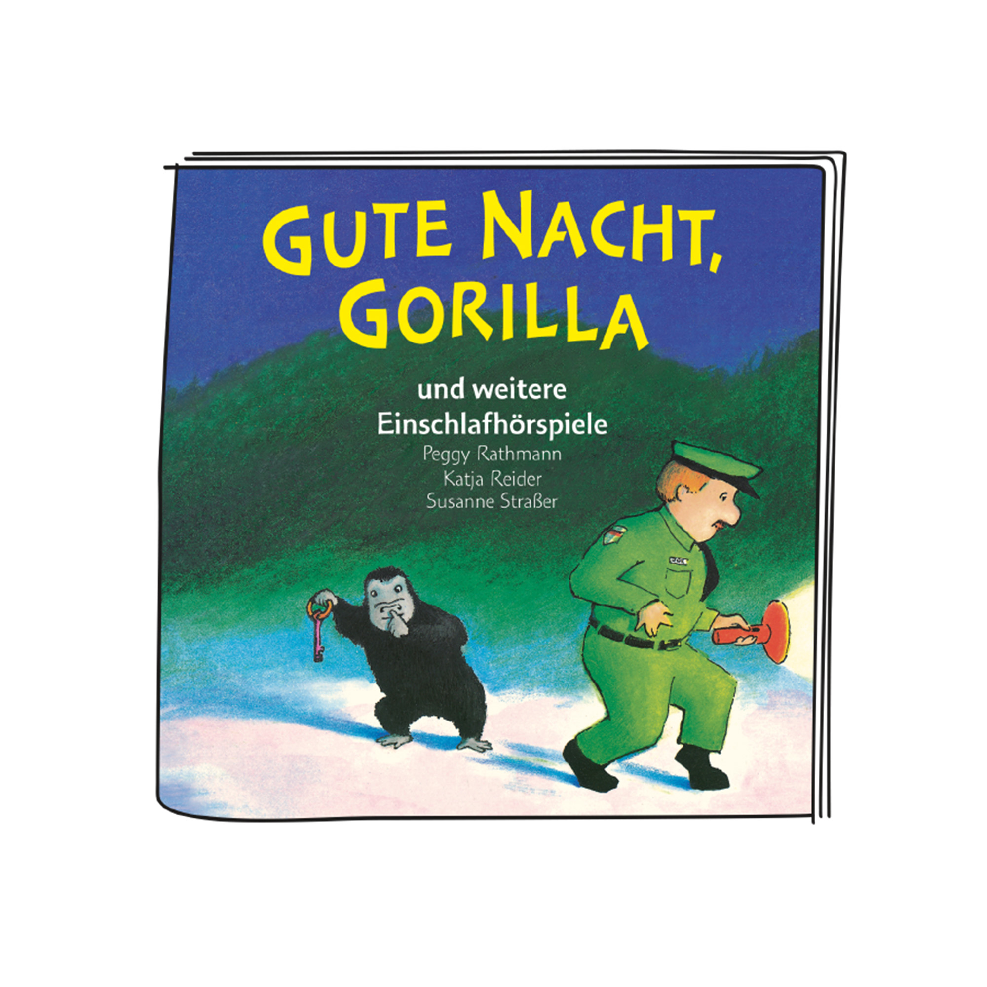 Buchcover: 'Gute Nacht, Gorilla'. Ein Gorilla und ein Tierpfleger in grüner Uniform mit Taschenlampe.