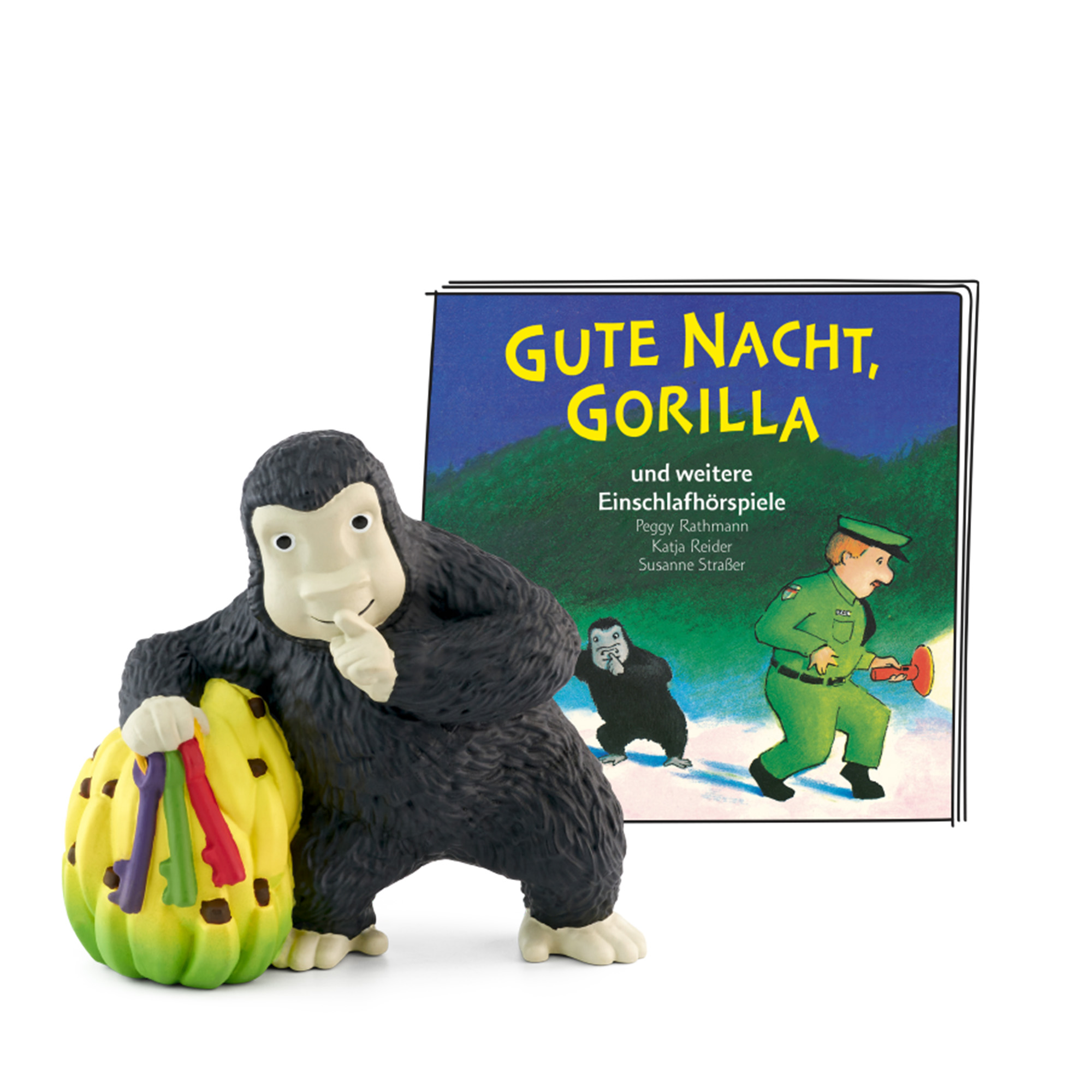 Gorilla-Figur mit Buch 'Gute Nacht, Gorilla' und Schlüssel.