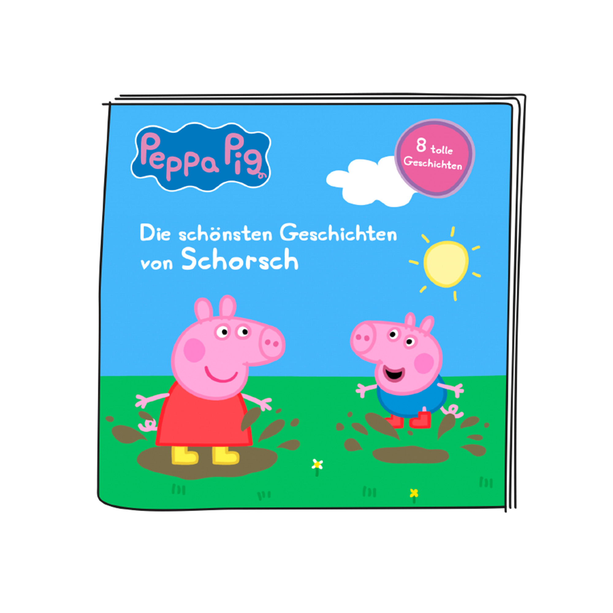 Peppa Wutz Buchcover, mit Peppa und George in Matschpfützen auf blauem Hintergrund.