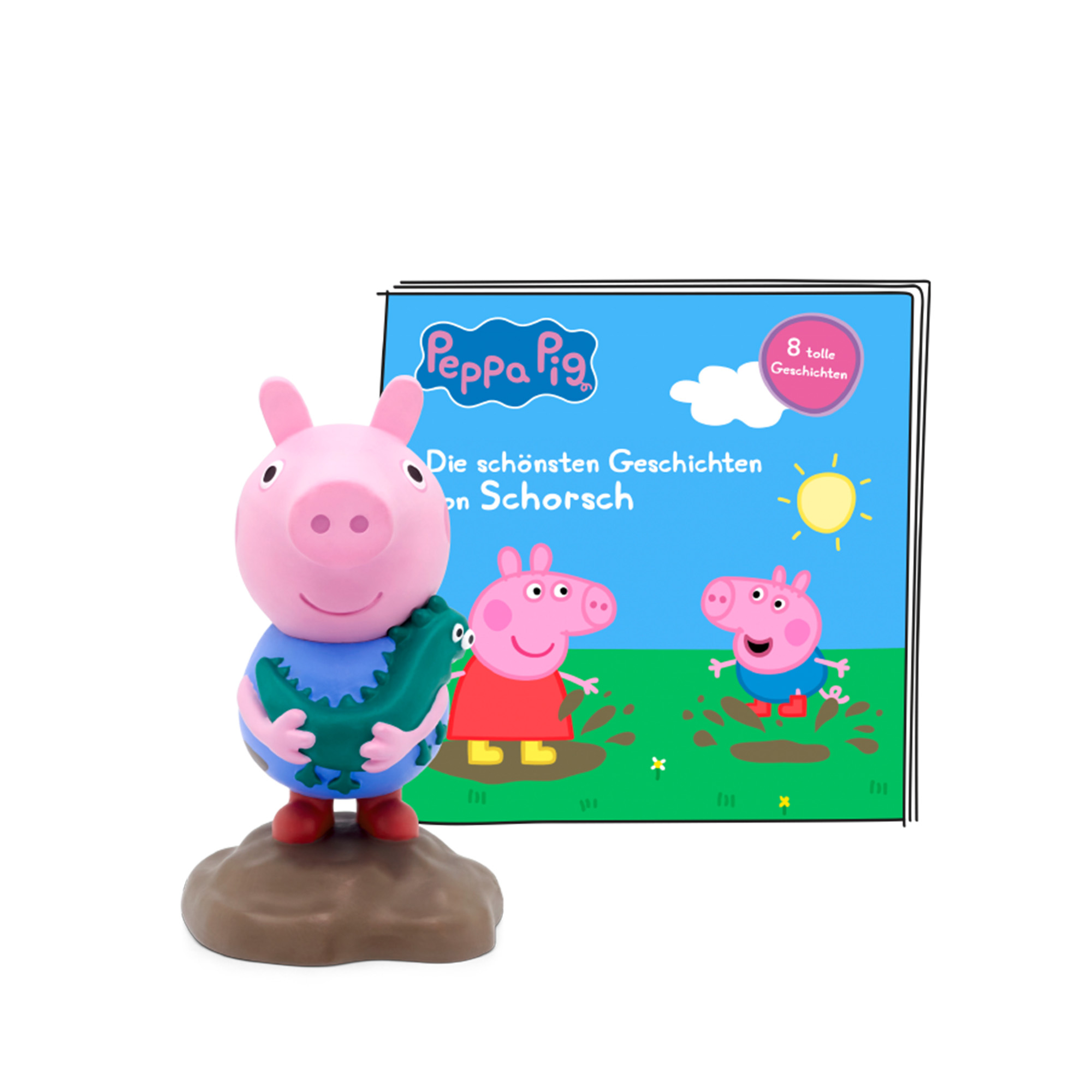 Peppa Wutz Spielzeug mit grünem Gegenstand, vor einem Buch.