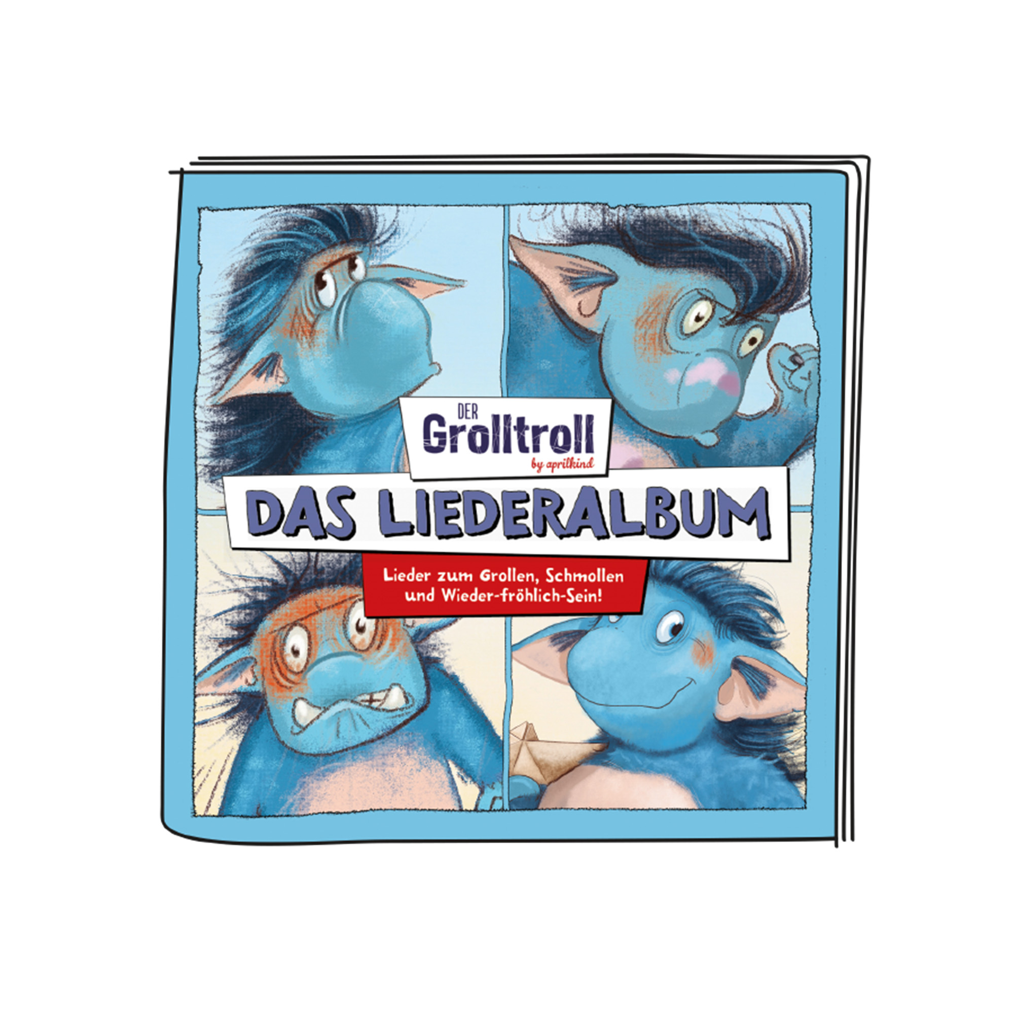 Buchcover mit blauen Zeichentricktrollen und Text.