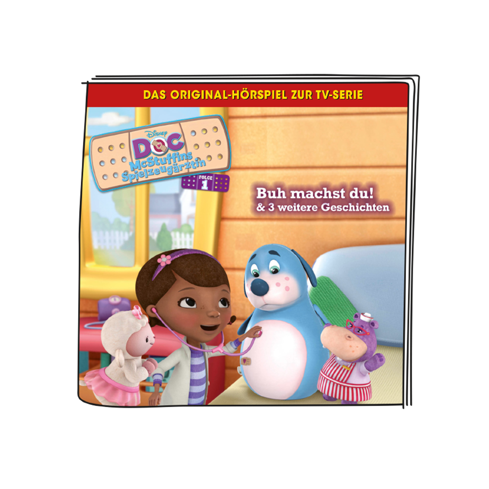 Doc McStuffins Cartoon-Cover mit Figuren. Der Titel lautet 'Buh machst du! & 3 weitere Geschichten'.