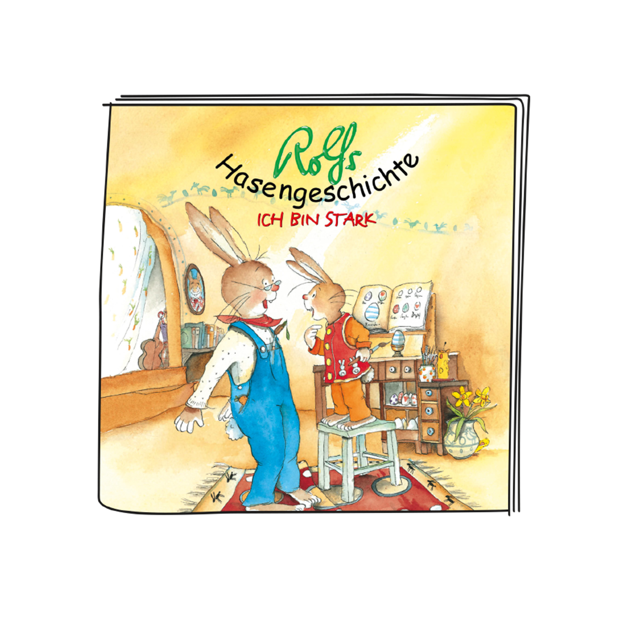 Illustration von zwei Hasen aus einem Kinderbuch. Einer trägt eine Latzhose, der andere eine Weste. Text auf Deutsch.