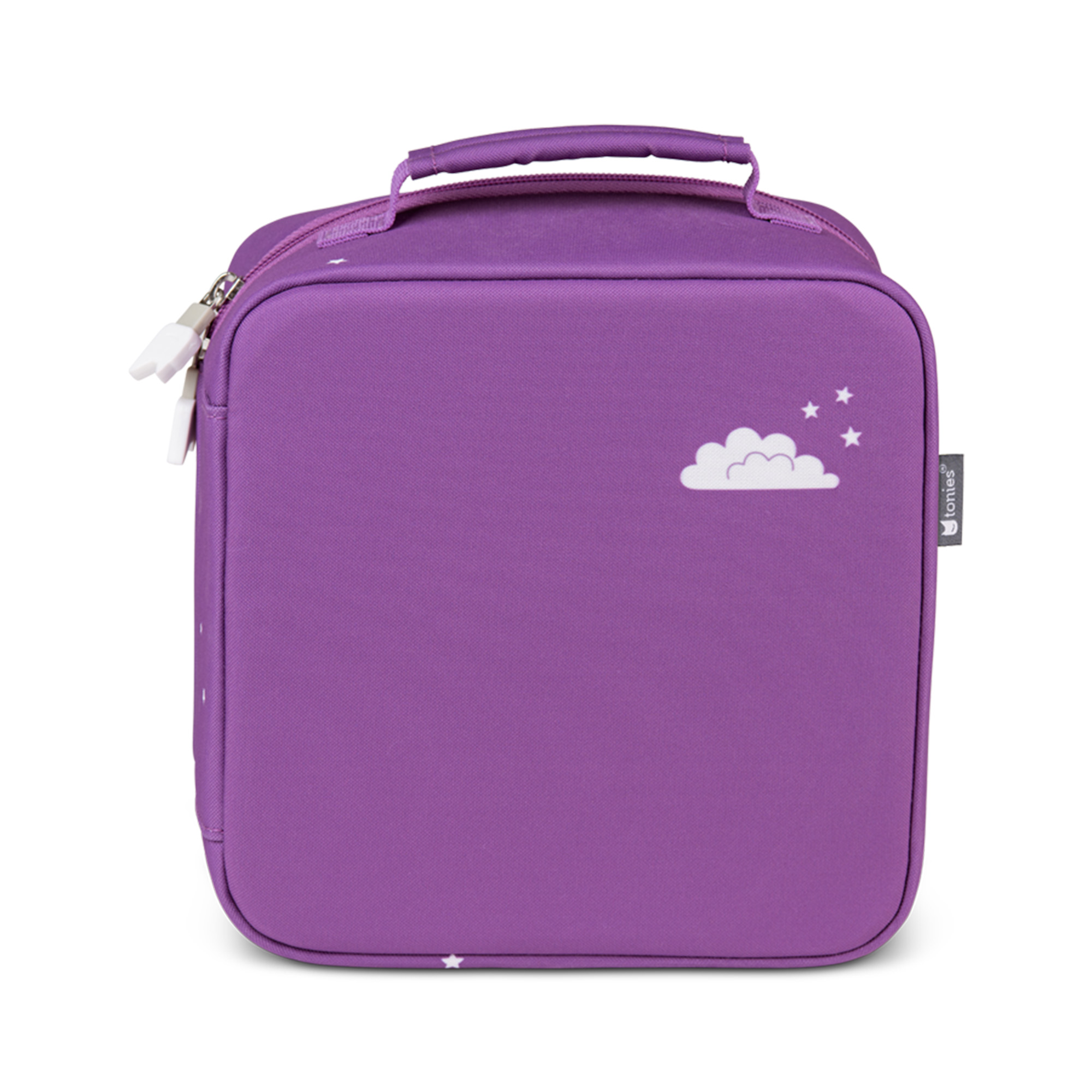 Lila Lunchbox mit weißer Wolke und Sternen auf weißem Hintergrund.