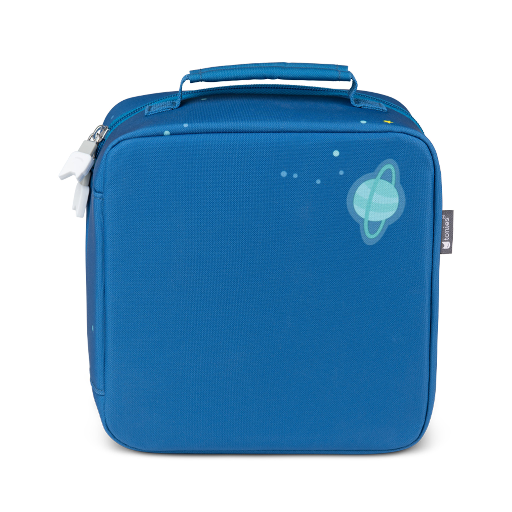 Eine blaue Lunchtasche mit Planeten- und Ringdesign und einem Astronauten-Reißverschluss.