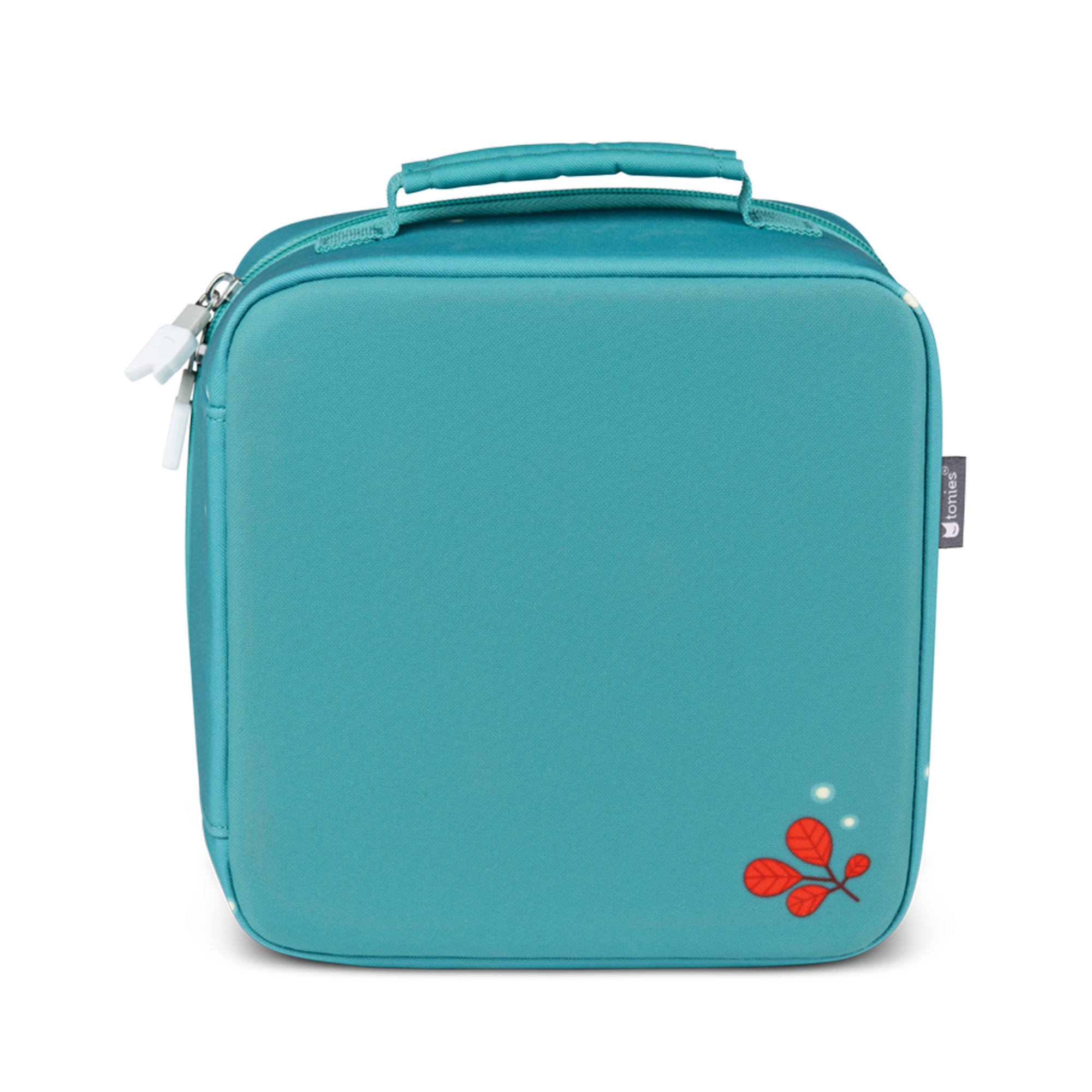 Türkisfarbene Lunchtasche mit weißem Reißverschluss und rotem Blattdesign.