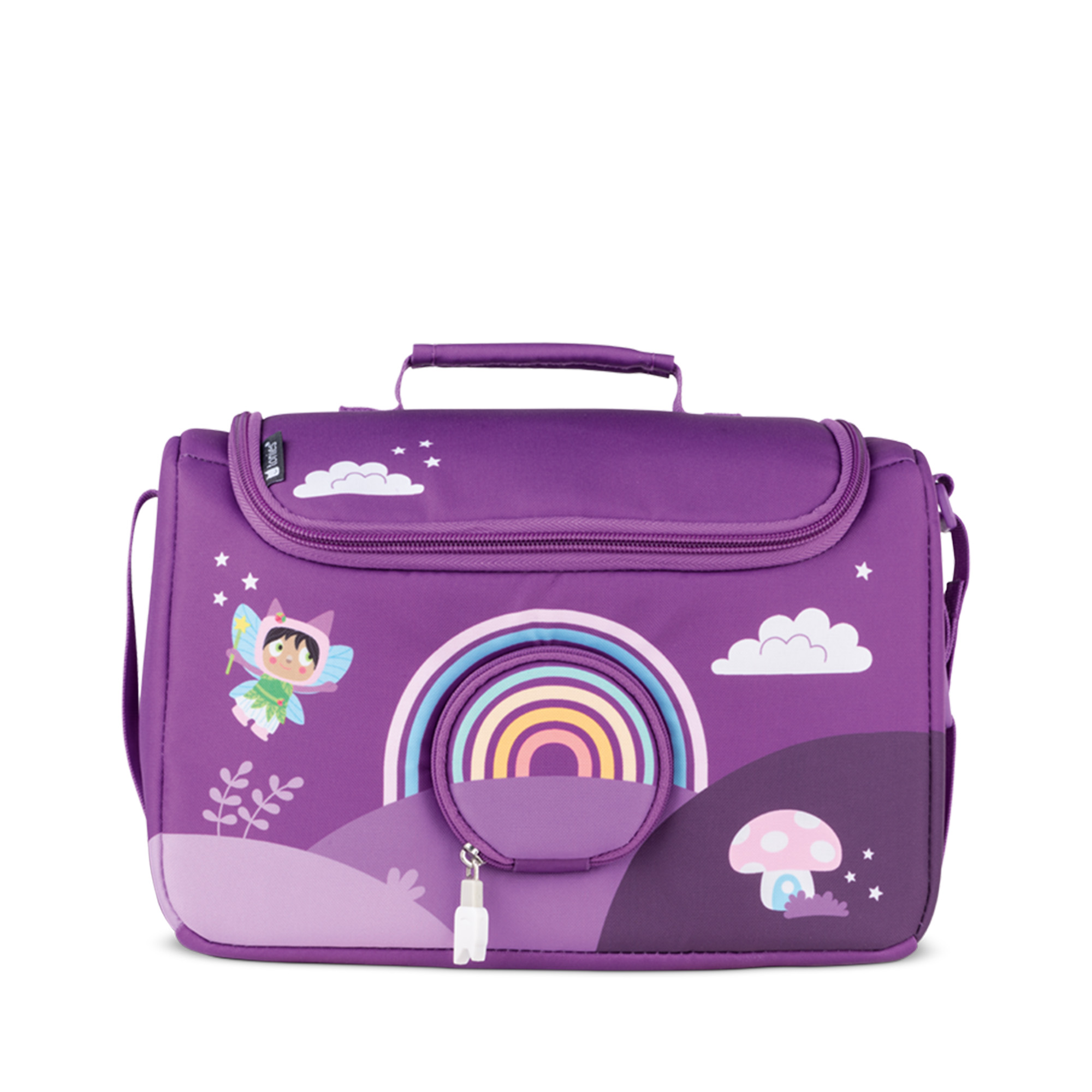Eine lila Lunchtasche mit einer Fee, einem Regenbogen, Sternen und einer Pilzillustration darauf.