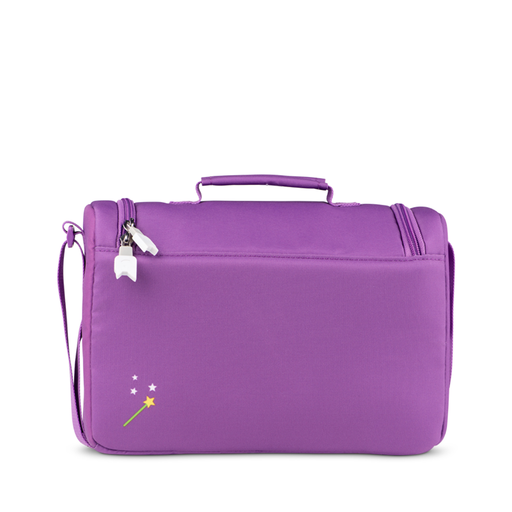 Lila Tasche mit Reißverschluss und Griff. Ein Stern und ein Zauberstab sind vorne drauf.