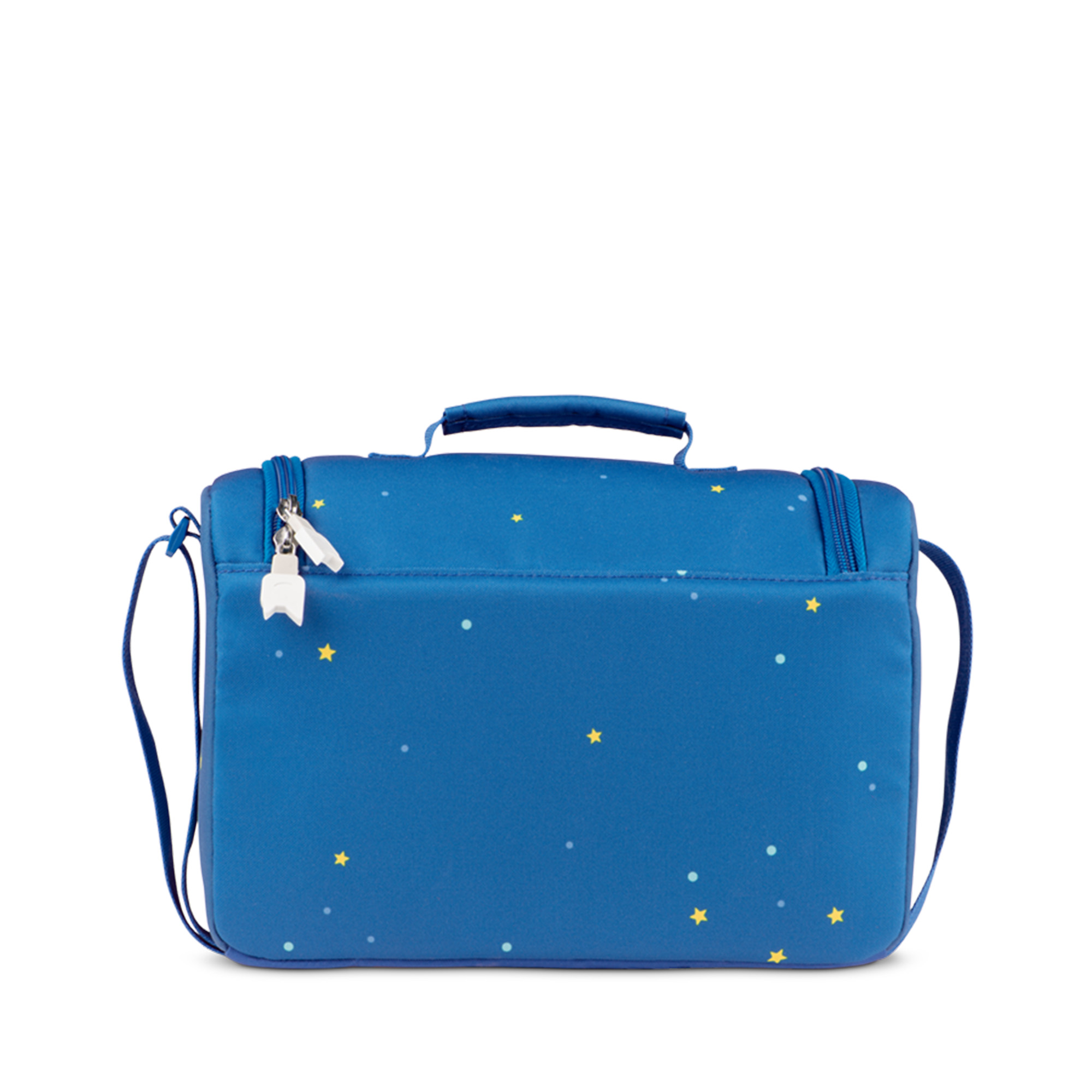 Blaue Lunchtasche mit Sternenmuster, Griff und Schultergurt, Reißverschlüssen, weißer Hintergrund.