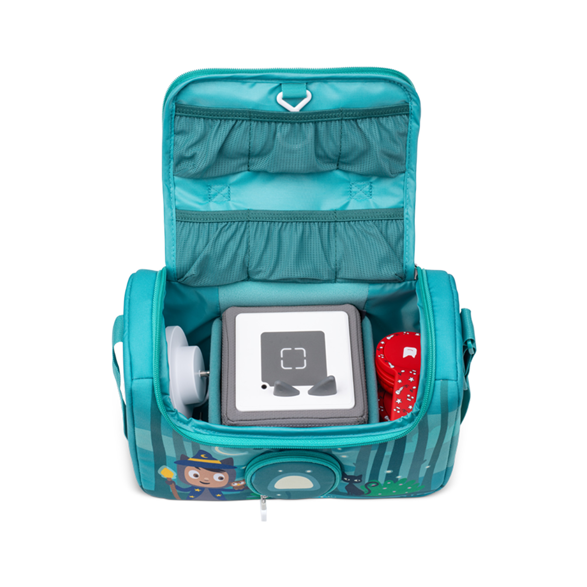Blau-türkisfarbene Lunch-Tasche mit einem quadratischen Block und anderen Gegenständen.