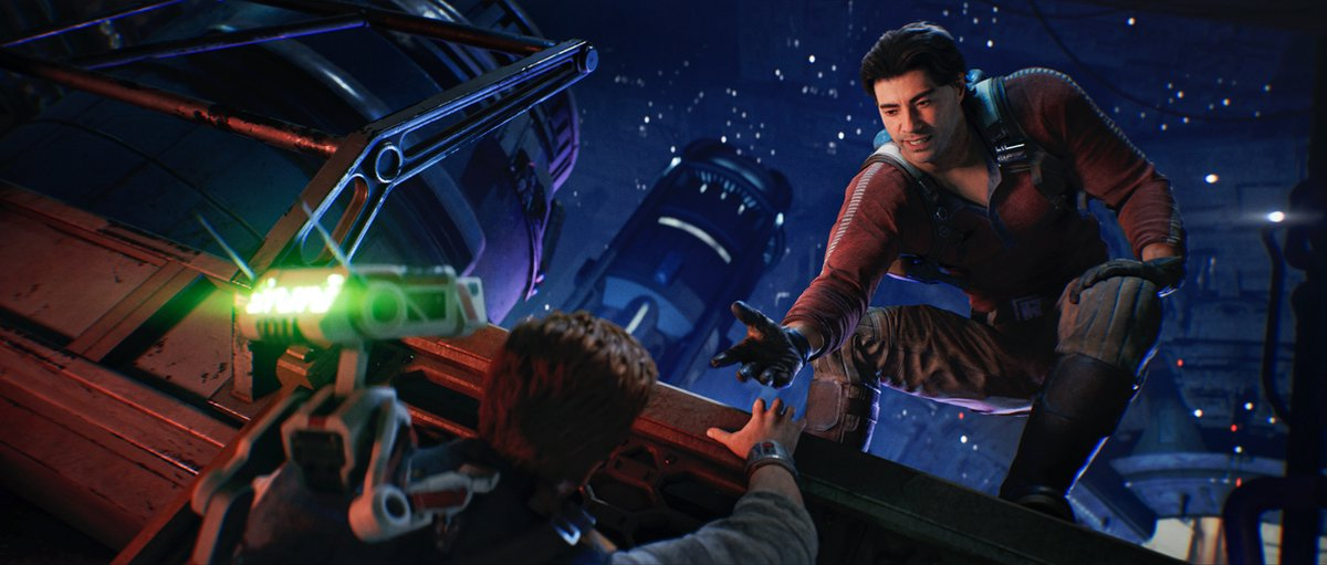 Twee mannen in een futuristische omgeving. De ene reikt uit om de ander te helpen. Sci-fi omgeving op de achtergrond.