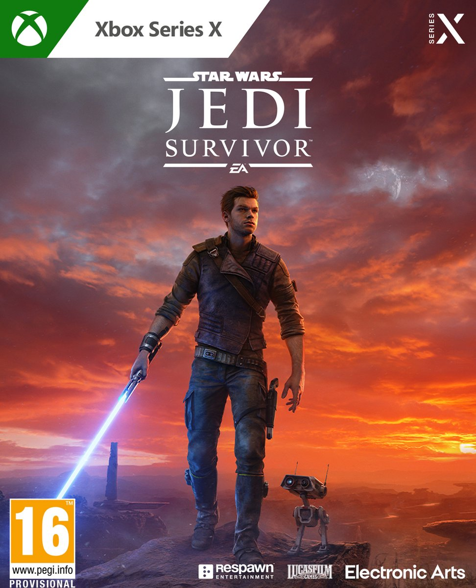 Gamecover voor 'Star Wars Jedi: Survivor' met man, lichtzwaard, en droid op zonsondergangachtergrond.