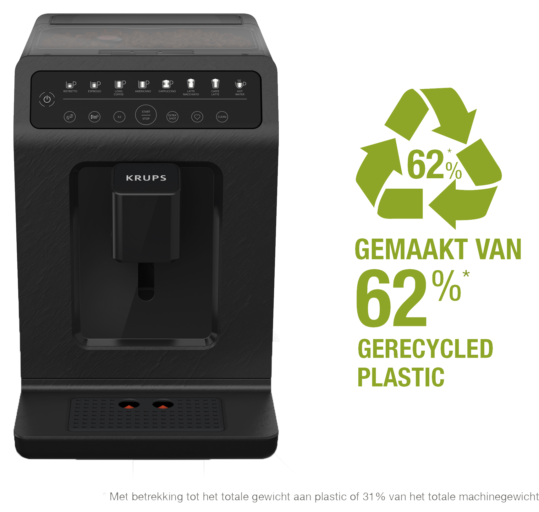 Een zwarte Krups koffiemachine gemaakt van 62% gerecycled plastic.