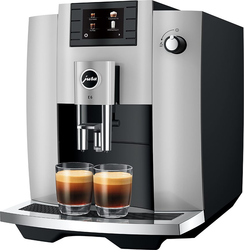 Macchina da caffè Jura E6 argentata. Due bicchieri di espresso di fronte. Display digitale e un quadrante.