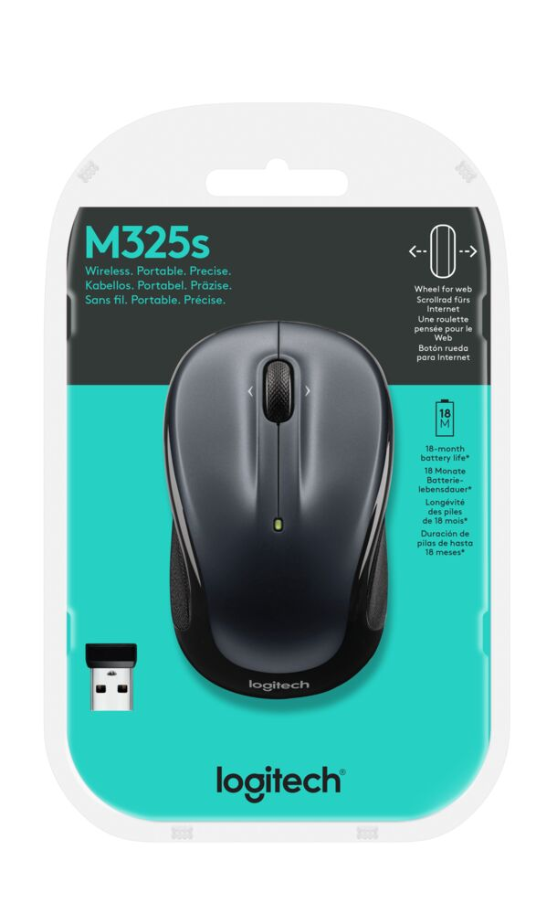 Logitech-Maus in Verpackung. Kabellos, schwarz, mit USB-Empfänger.