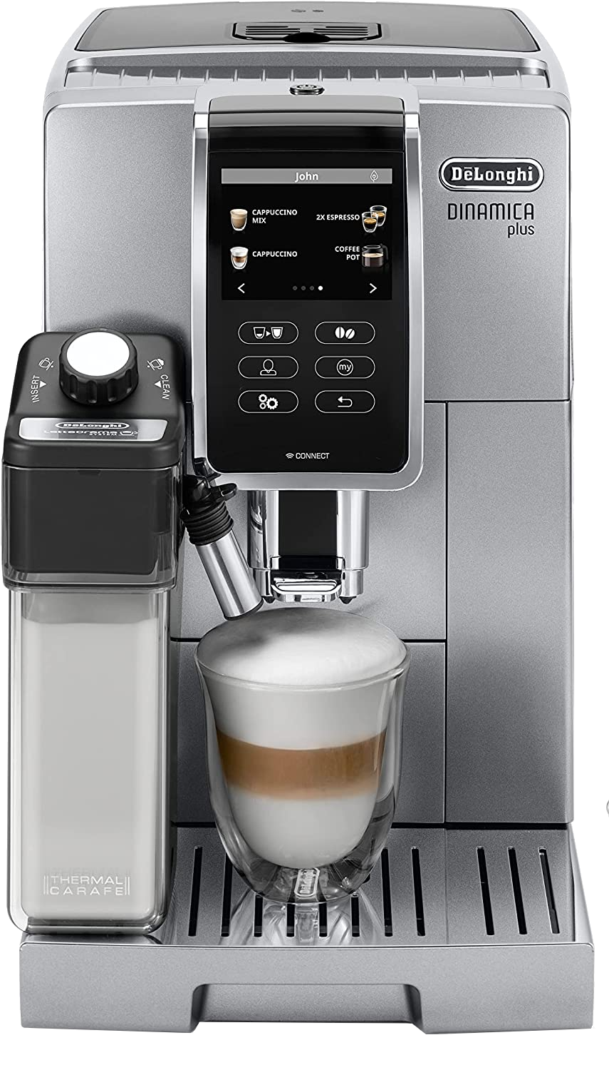 Cafetera superautomática - DeLonghi Dinámica Plus Ecam, 19 bar, 1450 W, 14 tazas, Táctil, Plata