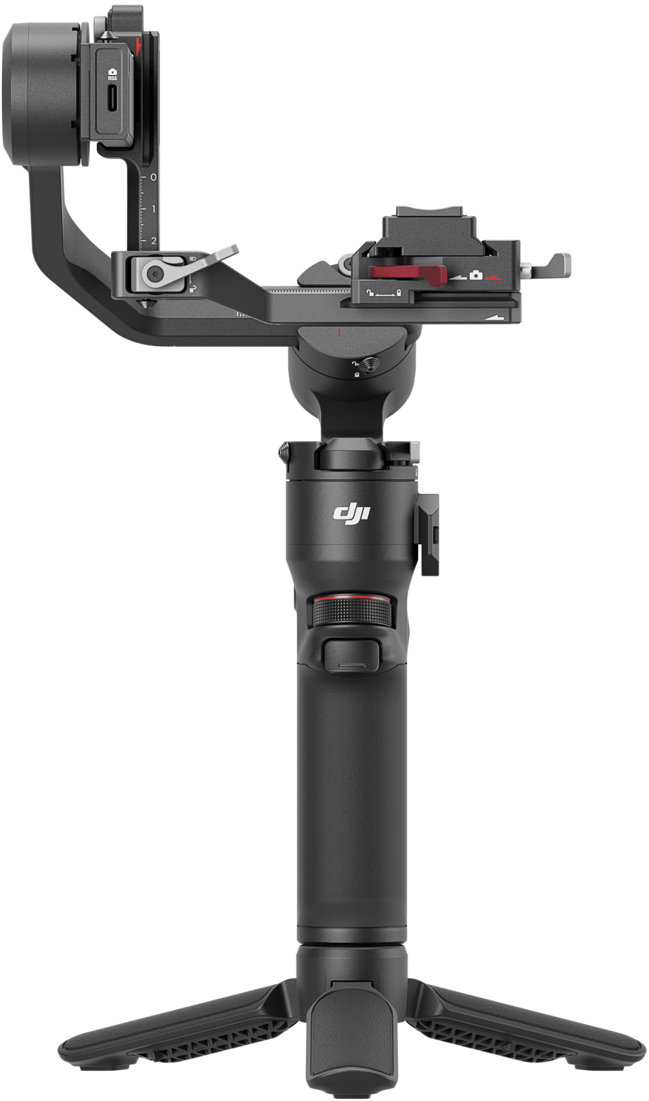 Ein schwarzer DJI Ronin RS 3 Gimbal-Stabilisator mit Griff und ausgeklappten Stativbeinen.