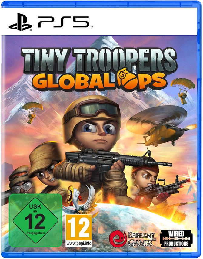 Spielcover für Tiny Troopers Global Ops auf PS5. Soldaten in Aktion, Hubschrauber und eine schneebedeckte Bergkulisse.