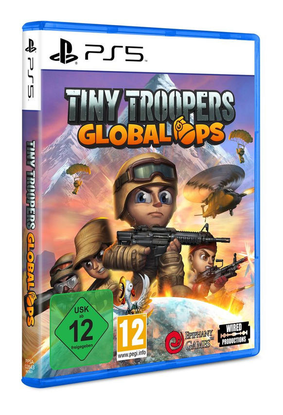 PS5-Spielcover für Tiny Troopers Global Ops. Soldaten in Militärausrüstung vor Bergkulisse.