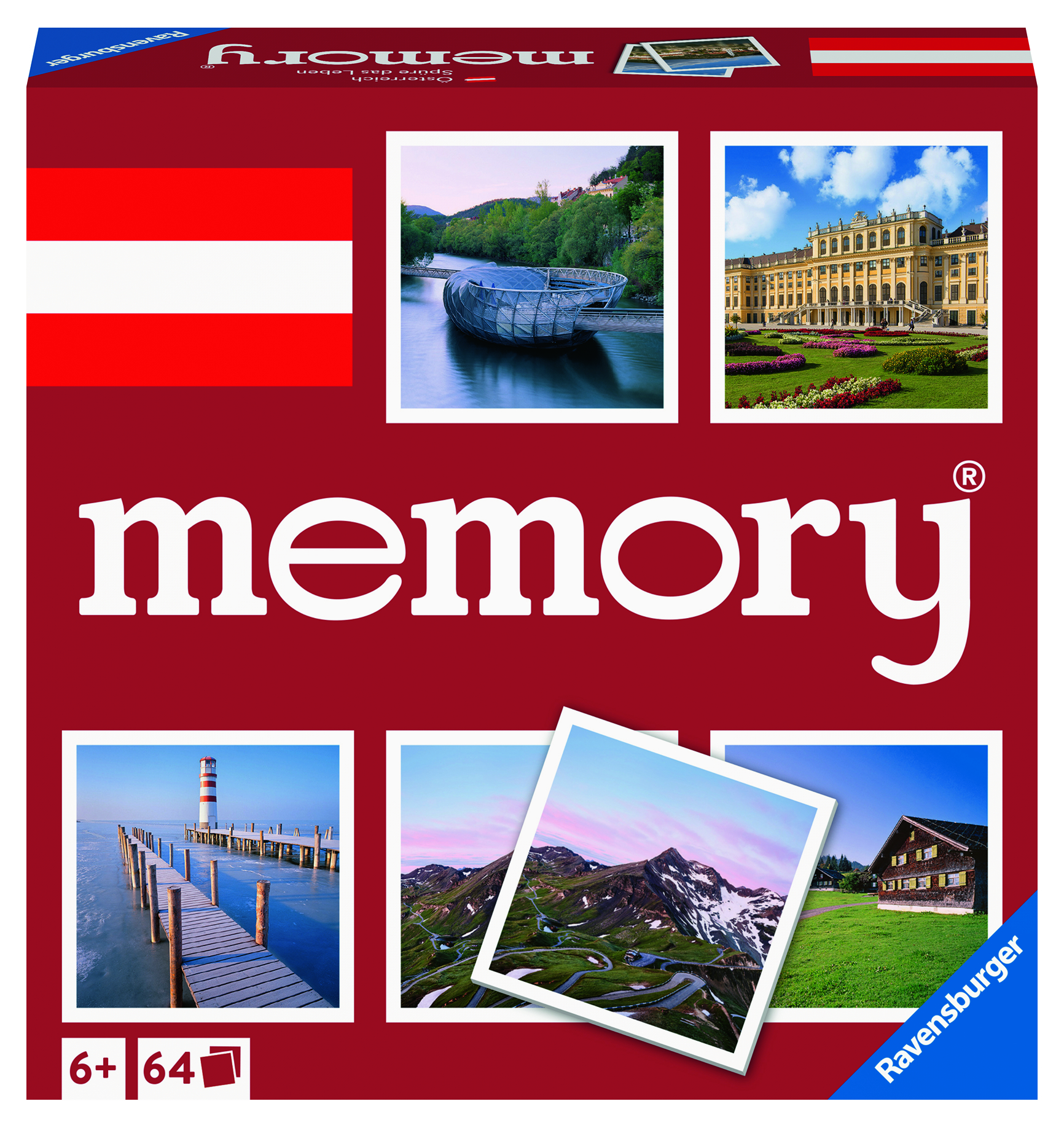 Memory-Spielbox mit österreichischer Flagge, Landschaftsfotos und dem Wort 'memory'. Enthält Leuchtturm, Berge und Gebäude.
