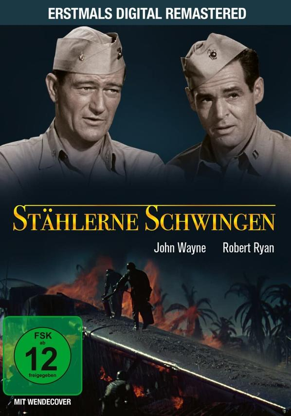 Ein Filmplakat mit zwei Männern in Militäruniformen. Der Titel lautet Stählerne Schwingen. Der Hintergrund ist dunkel.