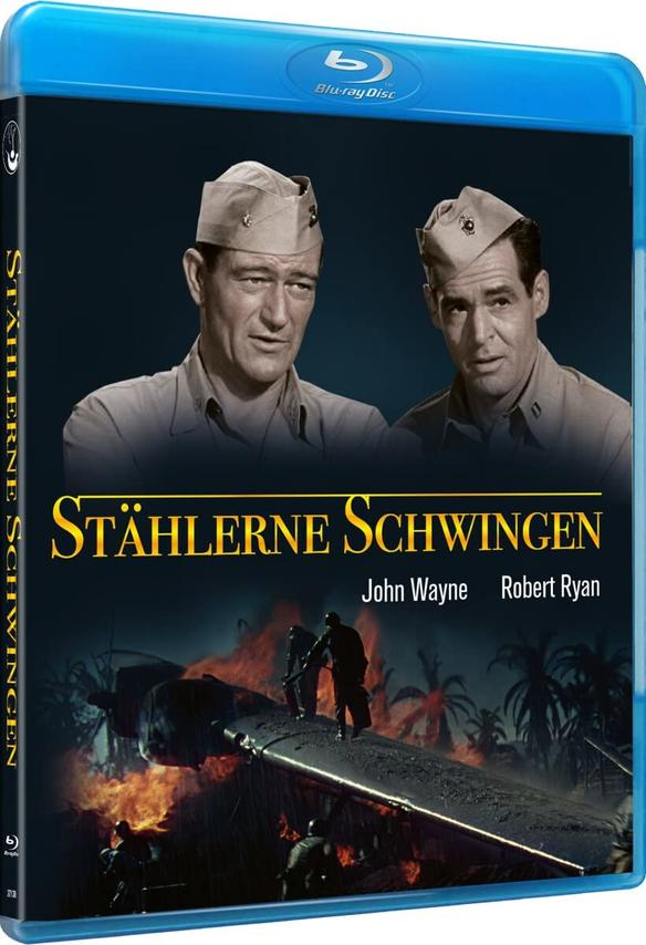 Eine blaue Blu-ray-Hülle mit dem Titel in Gold und Bildern von zwei Männern in Uniform und einem brennenden Flugzeug.