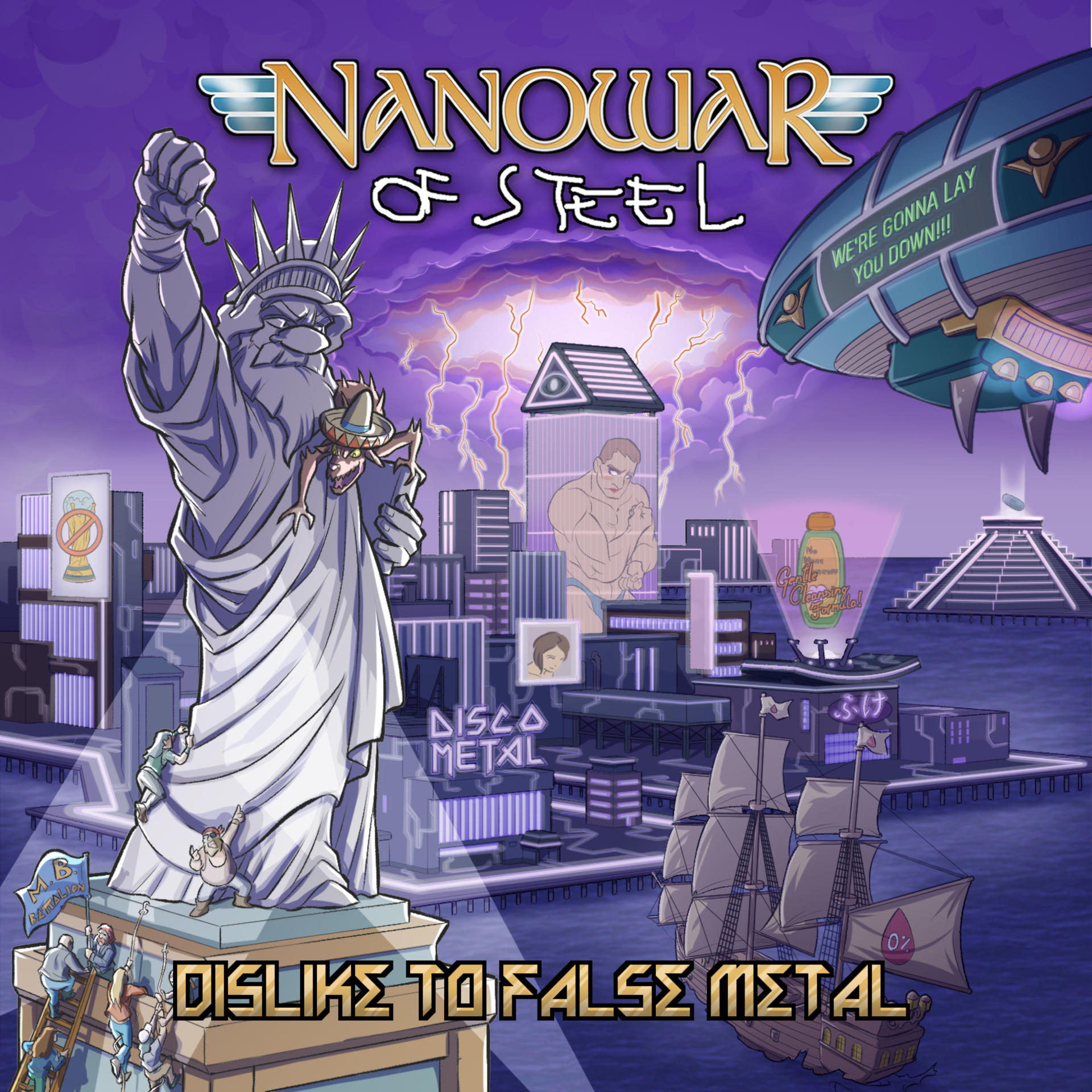 Albumcover: Freiheitsstatue, Skyline und ein Luftschiff. Text: Nanowar of Steel.