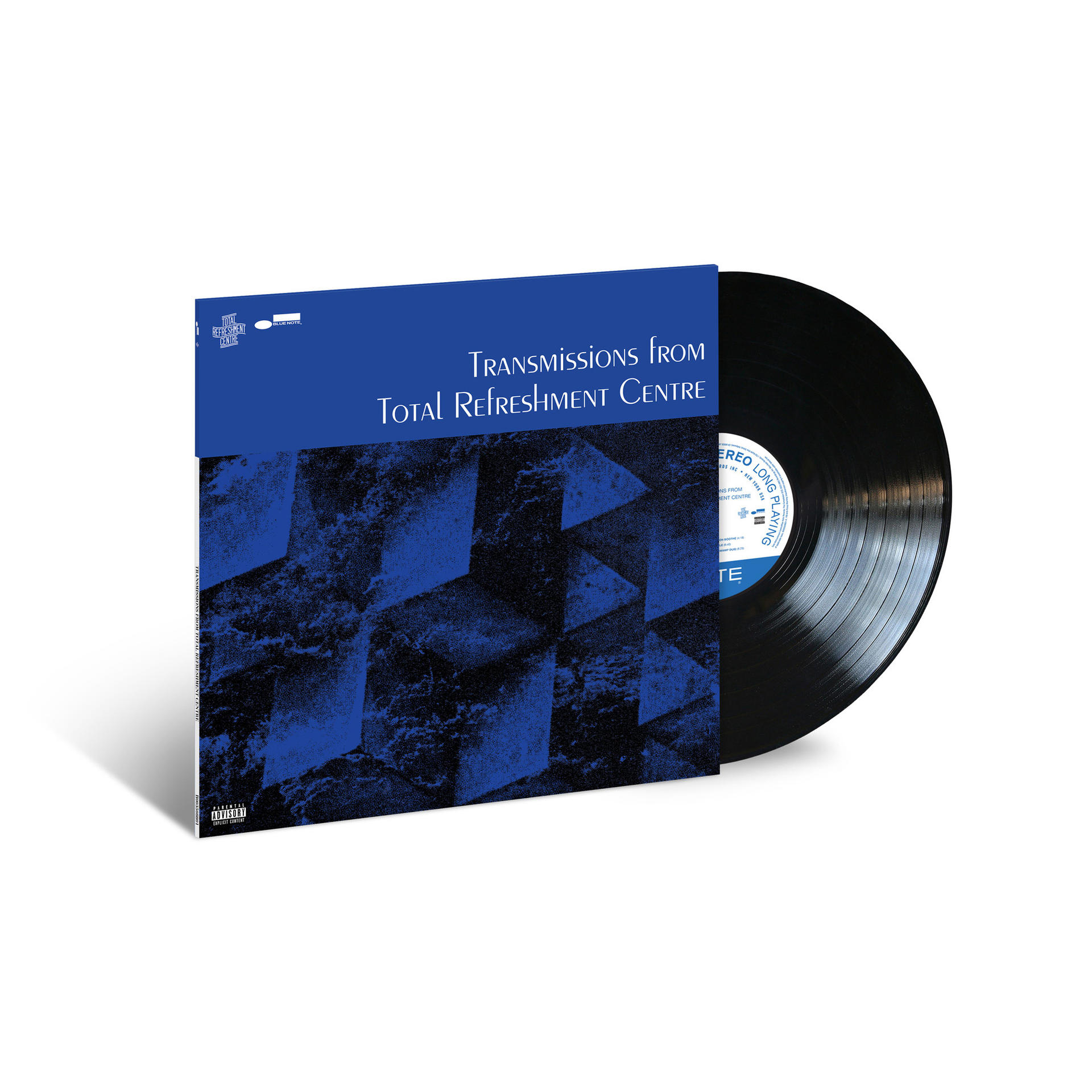 Schwarze Schallplatte mit Albumcover, blaues und weißes Design.